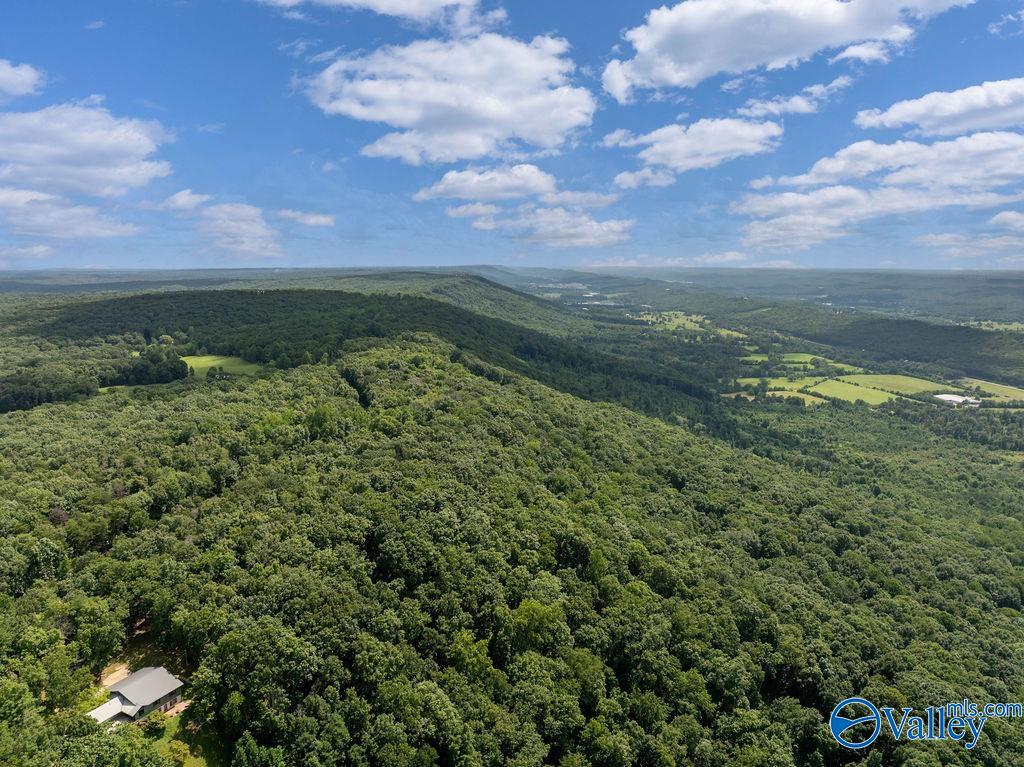 Aerial view over forested land and rolling green ridges, with a small building at the lower left.