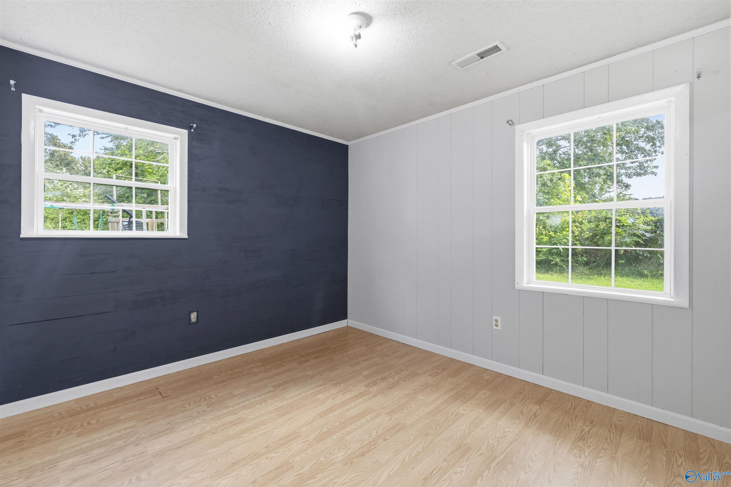 Empty room with wood floors, a navy accent wall, and two windows overlooking greenery.