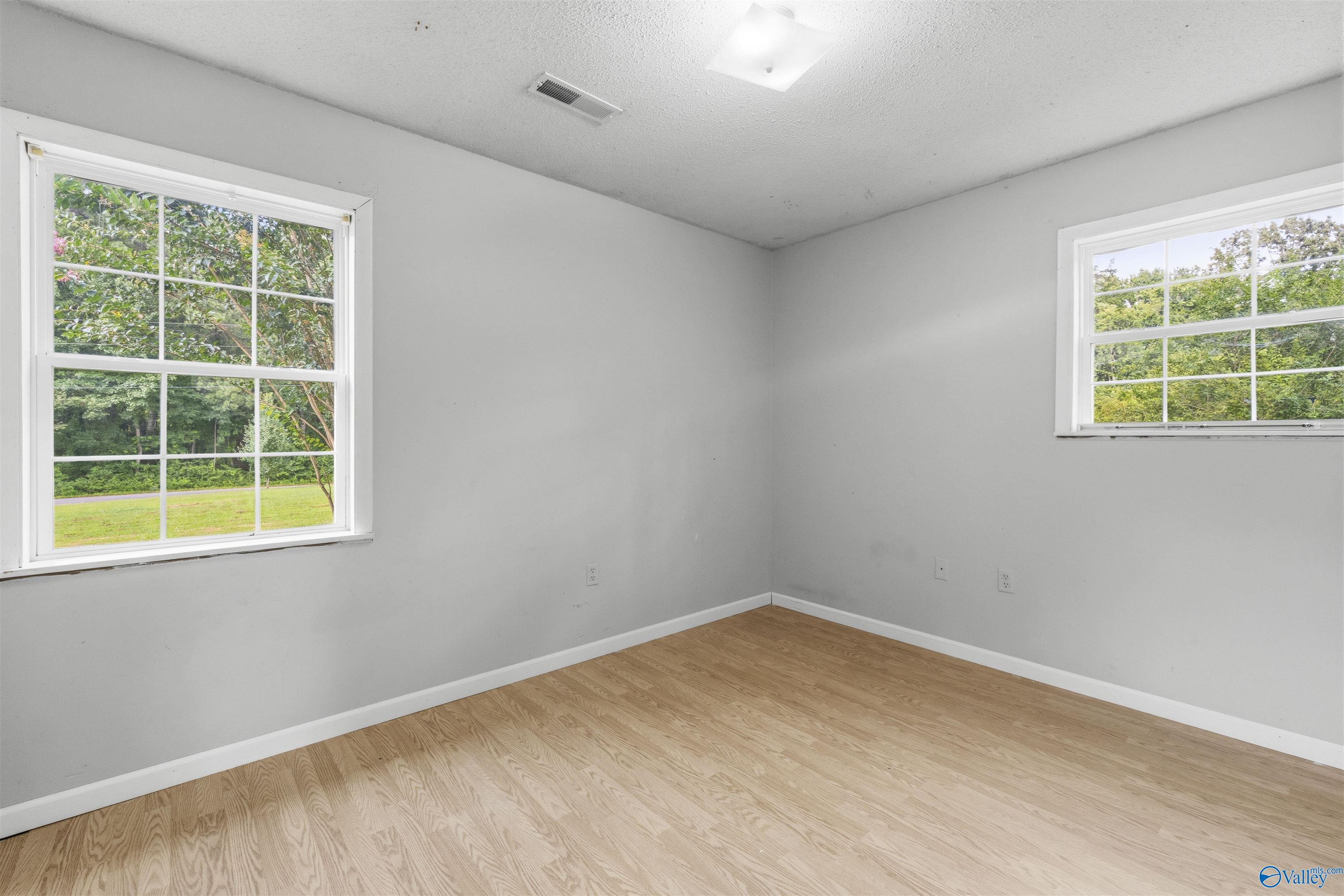 Empty room with pale wood flooring and two windows overlooking greenery.