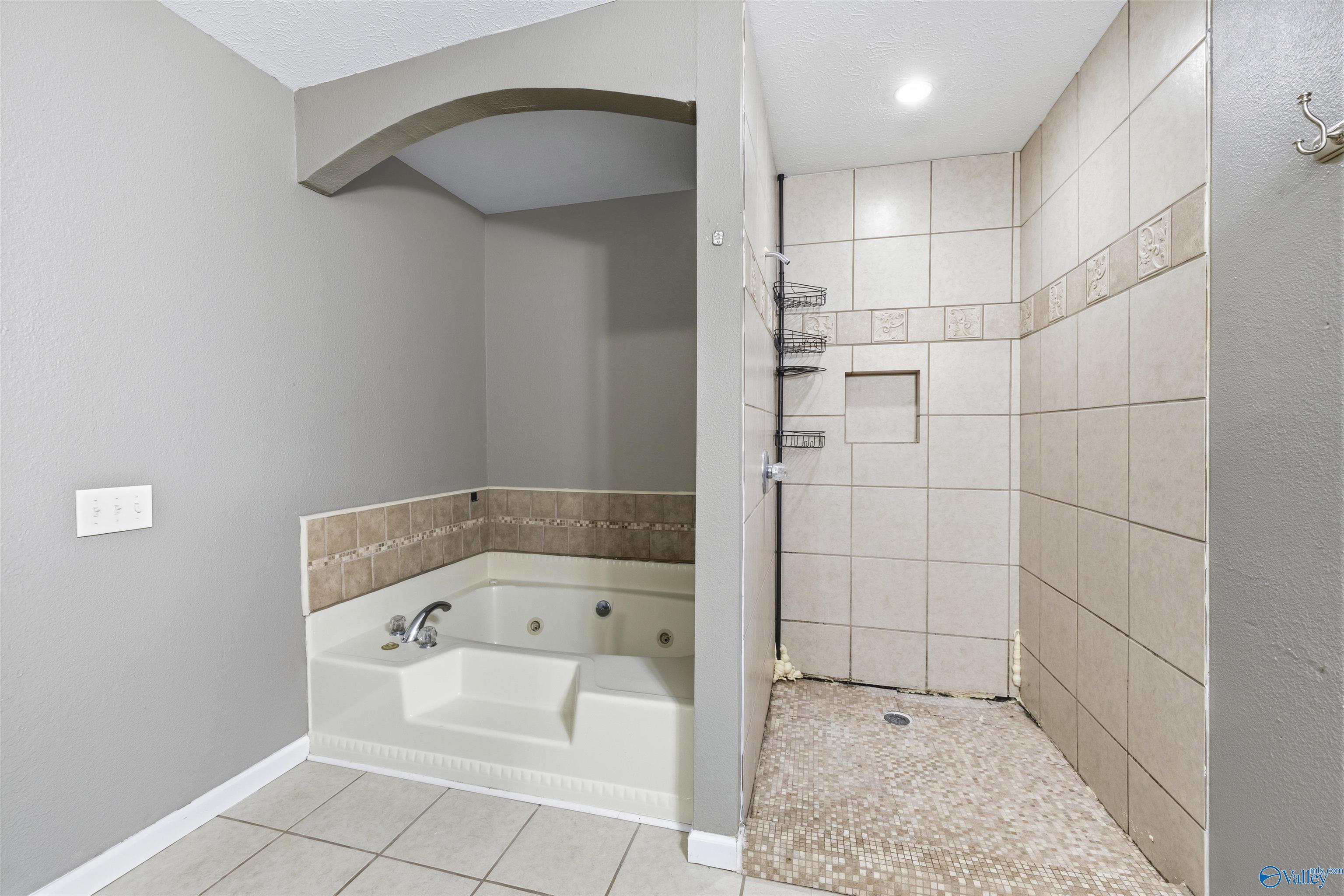 Bathroom with a jetted tub beside a tiled walk-in shower with a decorative tile band.