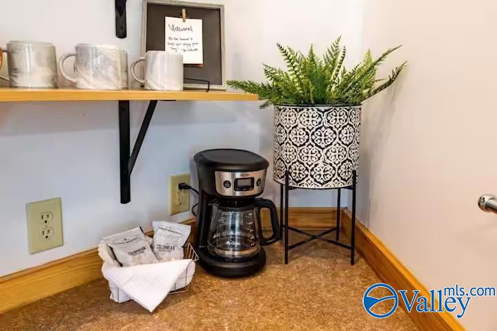 Coffee station with a drip coffee maker, mugs on a wood shelf, and a fern in a patterned planter.