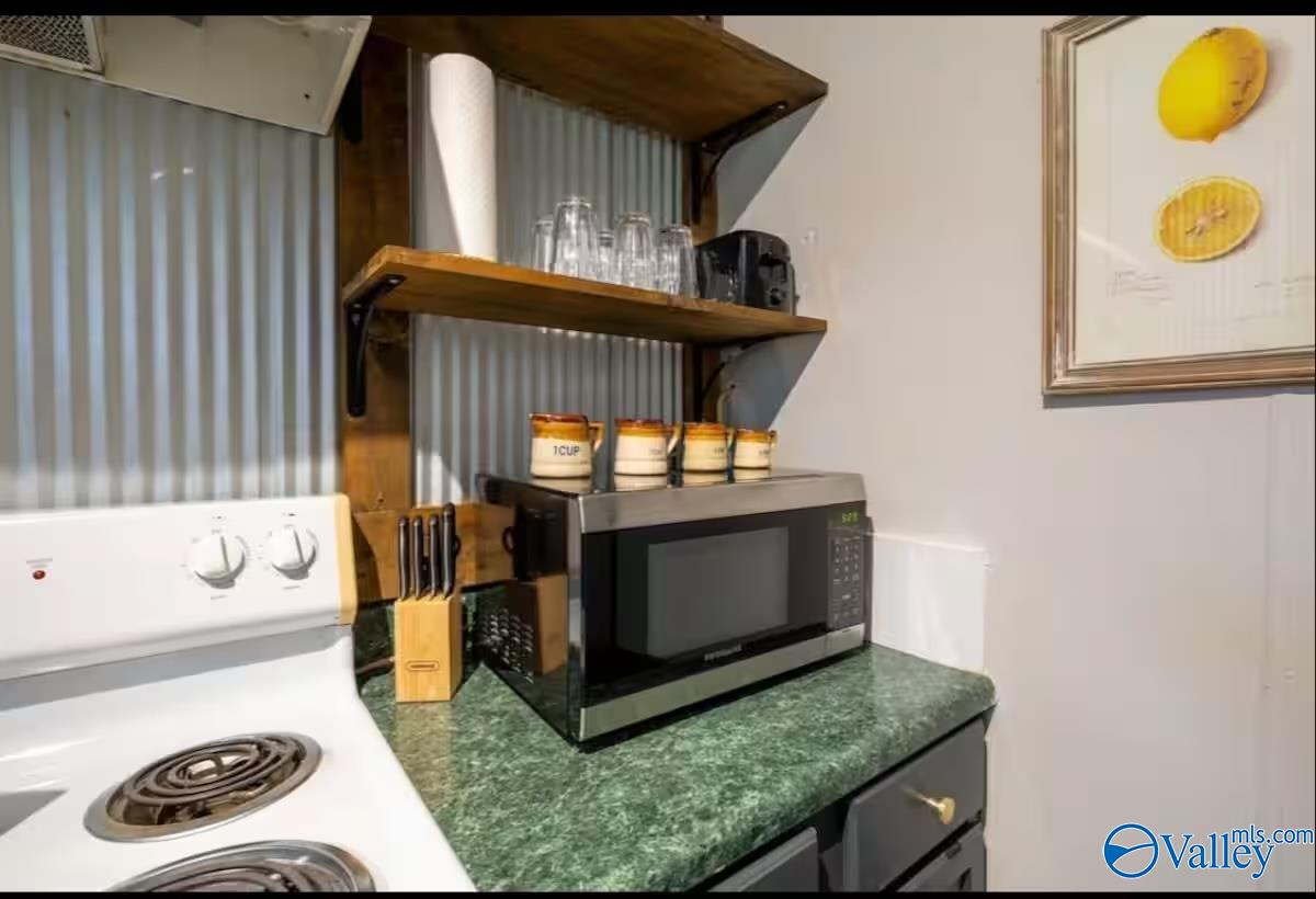 Kitchen with a white electric range, green countertop, microwave, and open wooden shelves.