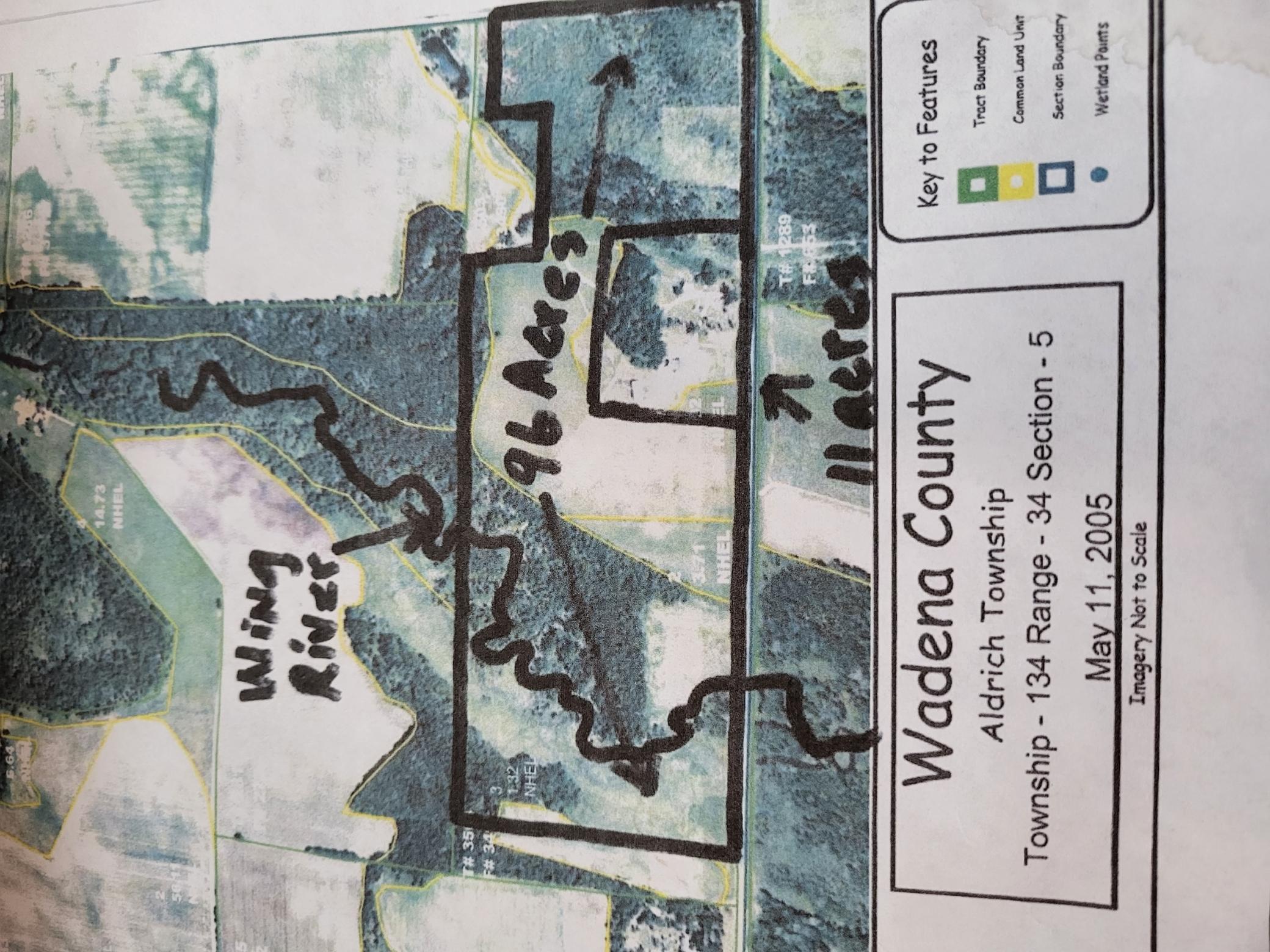 Aerial parcel map outlining 96 acres near Wining River in Wadena County.
