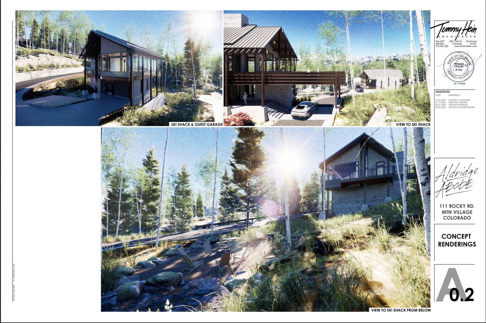 Concept renderings of a modern mountain home with a ski shack and guest garage among aspens.