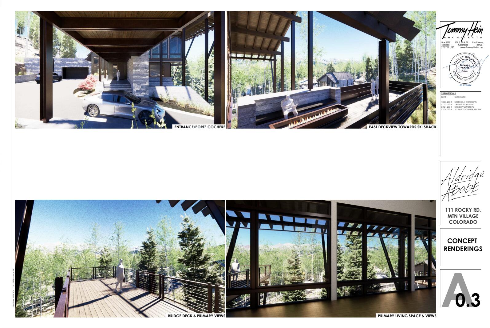 Concept renderings of a modern mountain home with timber framing, glass walls, and forest-facing decks.