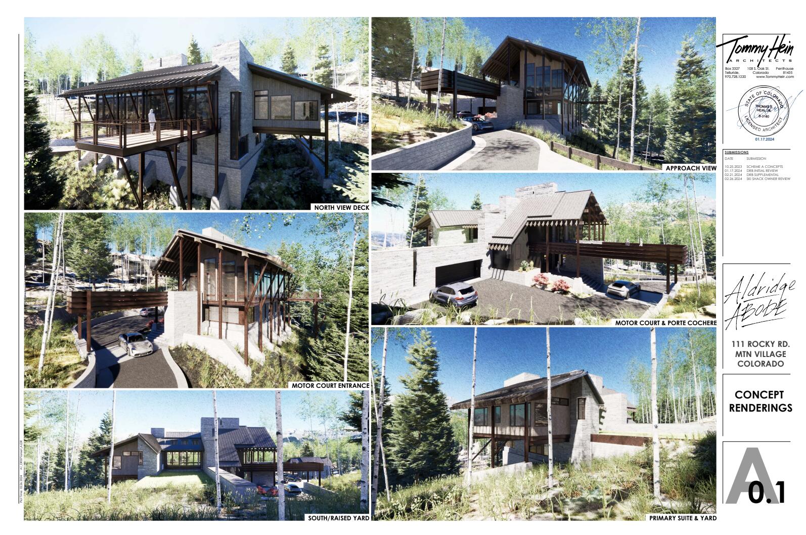 Concept renderings of a modern stone-and-timber mountain home with decks, a porte cochere, and aspen trees.