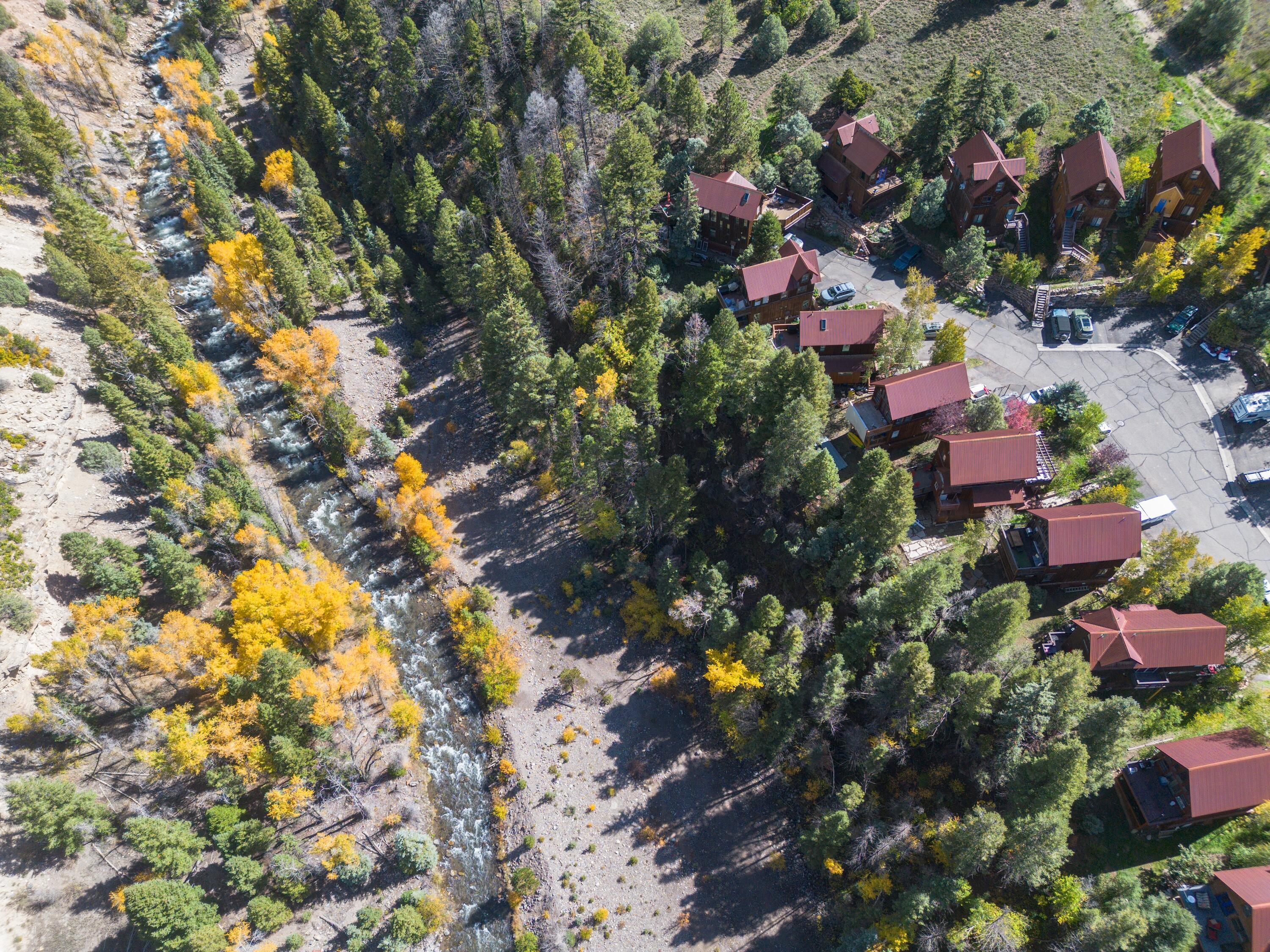 Aerial view of red-roofed homes among autumn trees beside a rocky creek.