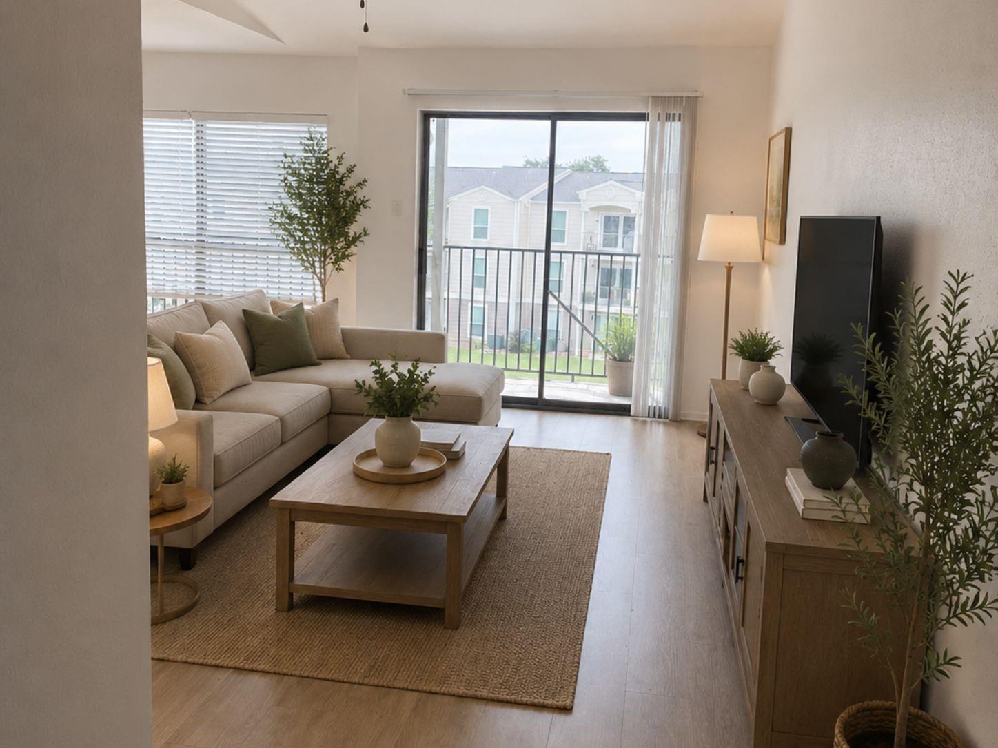 Furnished living room with a beige sectional and sliding glass doors to a balcony.