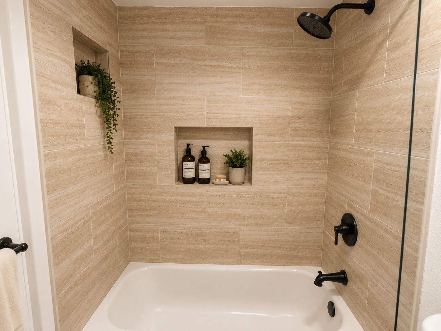 Tiled bathtub and shower with black fixtures and recessed shelves holding toiletries and plants.