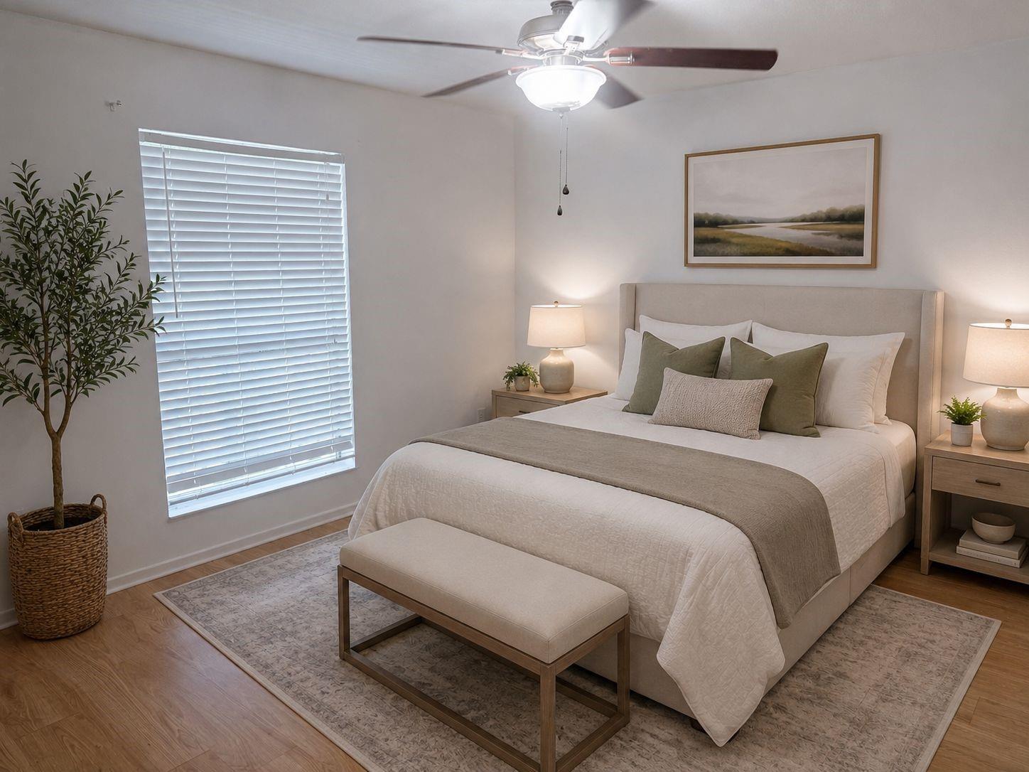 Bedroom with an upholstered bed, green accent pillows, wide window with blinds, and a ceiling fan.