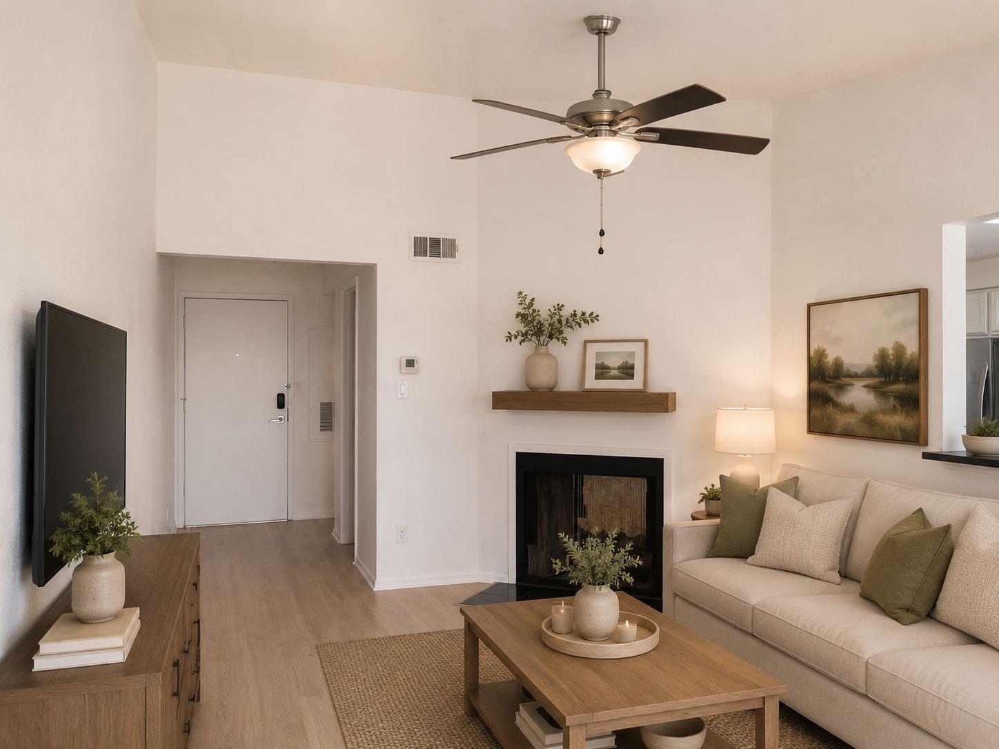 Staged living room with a fireplace, beige sectional sofa, and ceiling fan.