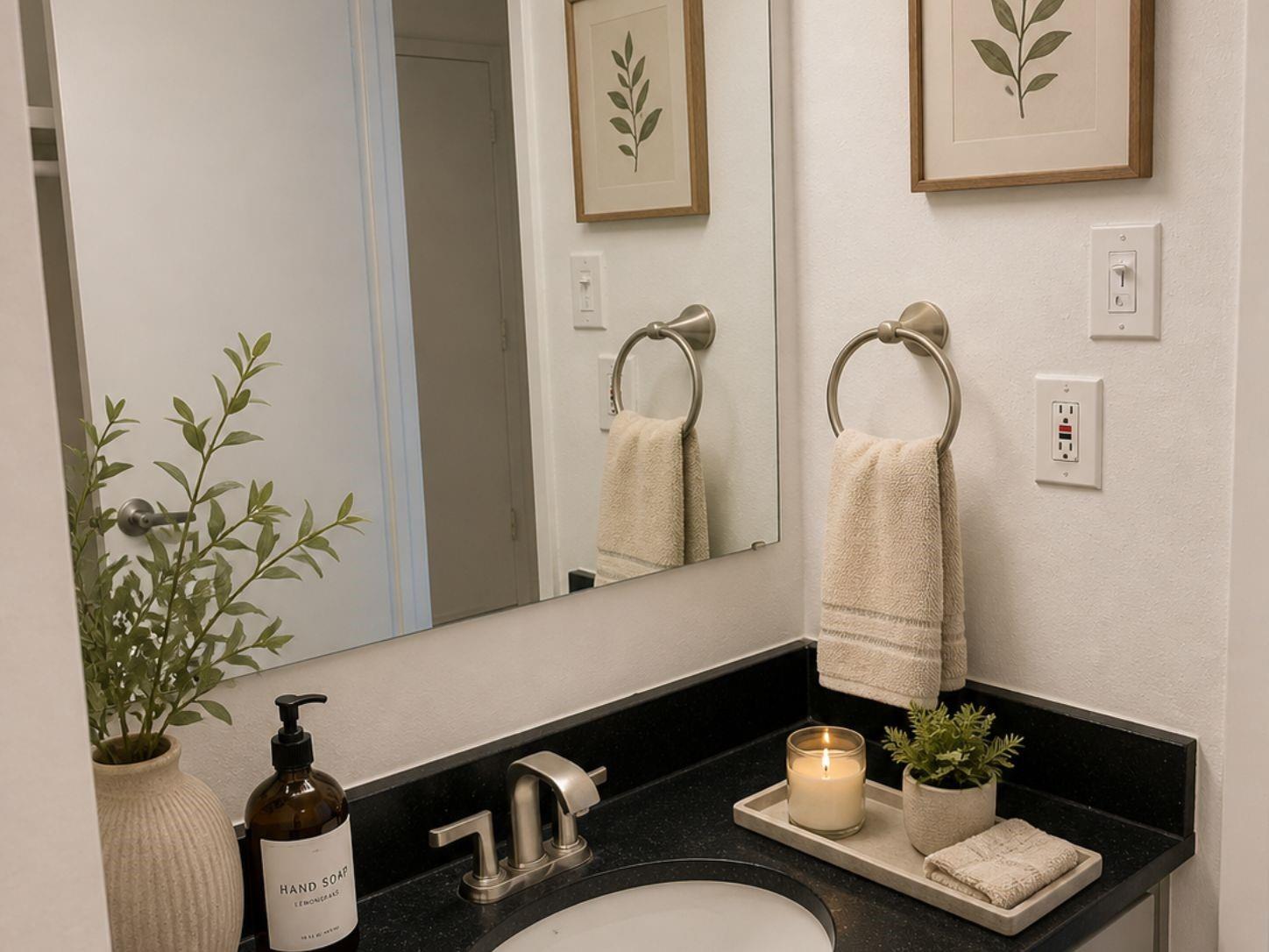 Bathroom vanity with a large mirror, black countertop, brushed-metal faucet, and towels.