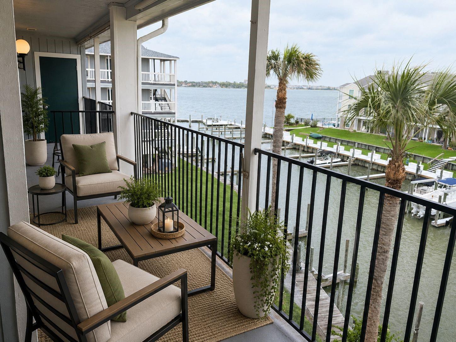 Furnished balcony overlooking a marina, with cushioned seating and potted plants.