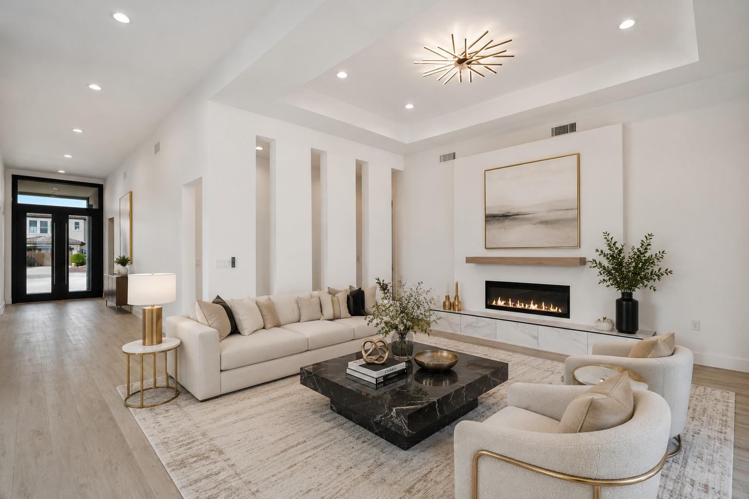 Staged living room with a cream sectional, marble coffee table, and linear fireplace beneath abstract artwork.