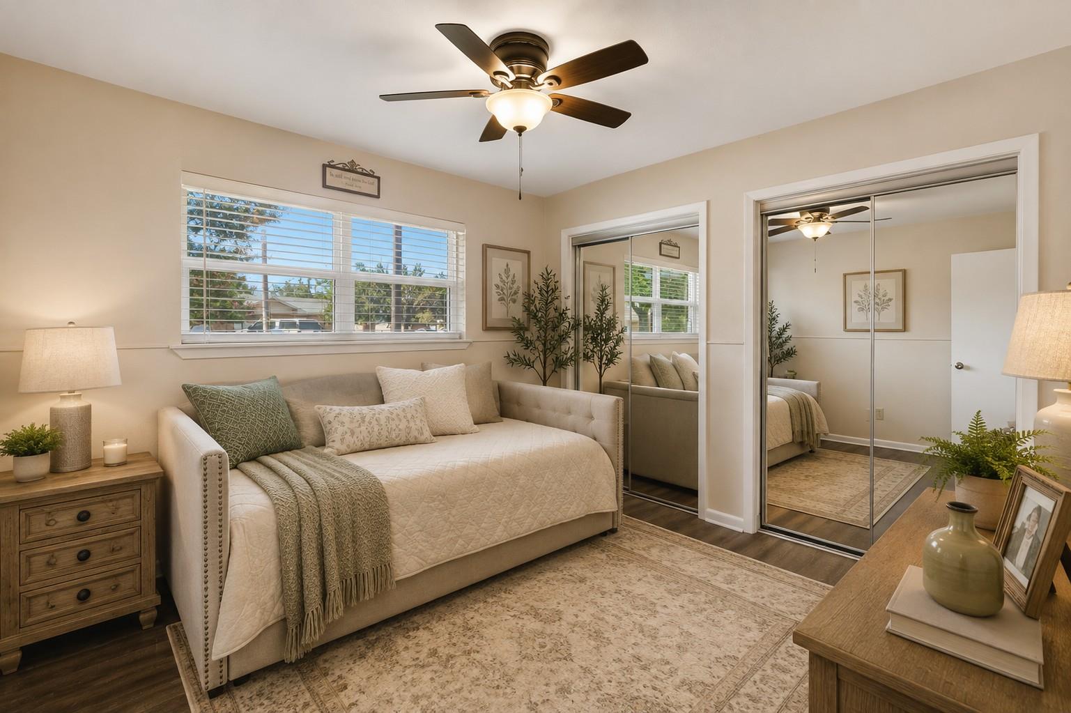 Staged bedroom with a cream bed, mirrored closet doors, and a wide window with blinds.