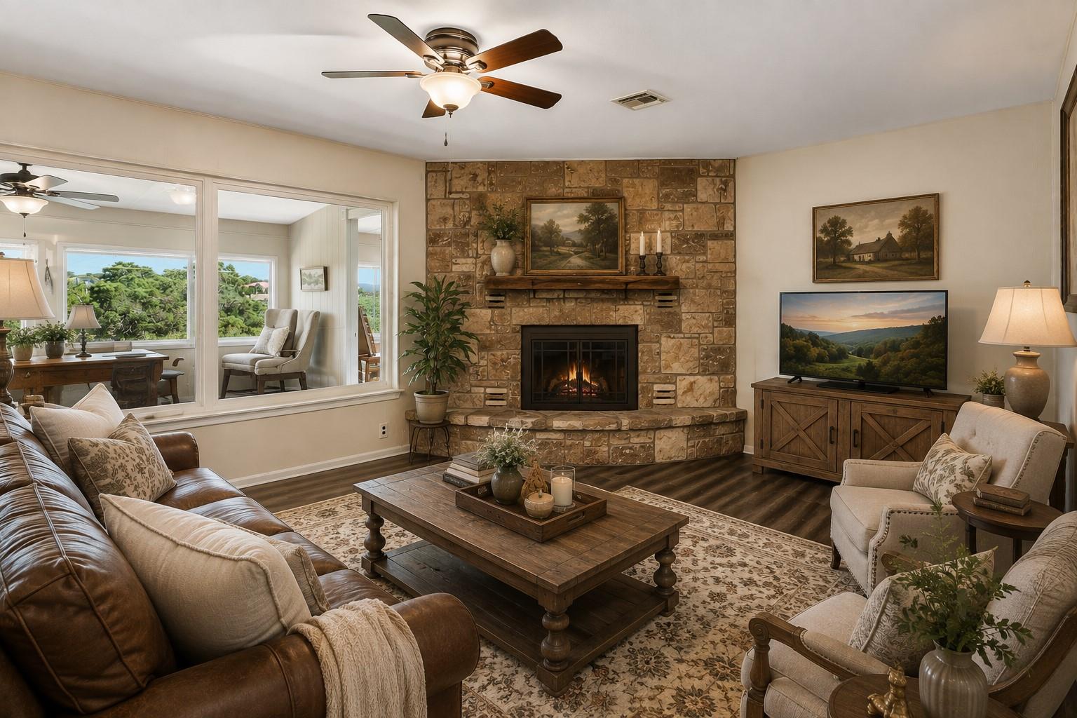 Living room with a stone fireplace, leather sofa, wooden coffee table, and wide windows overlooking greenery.