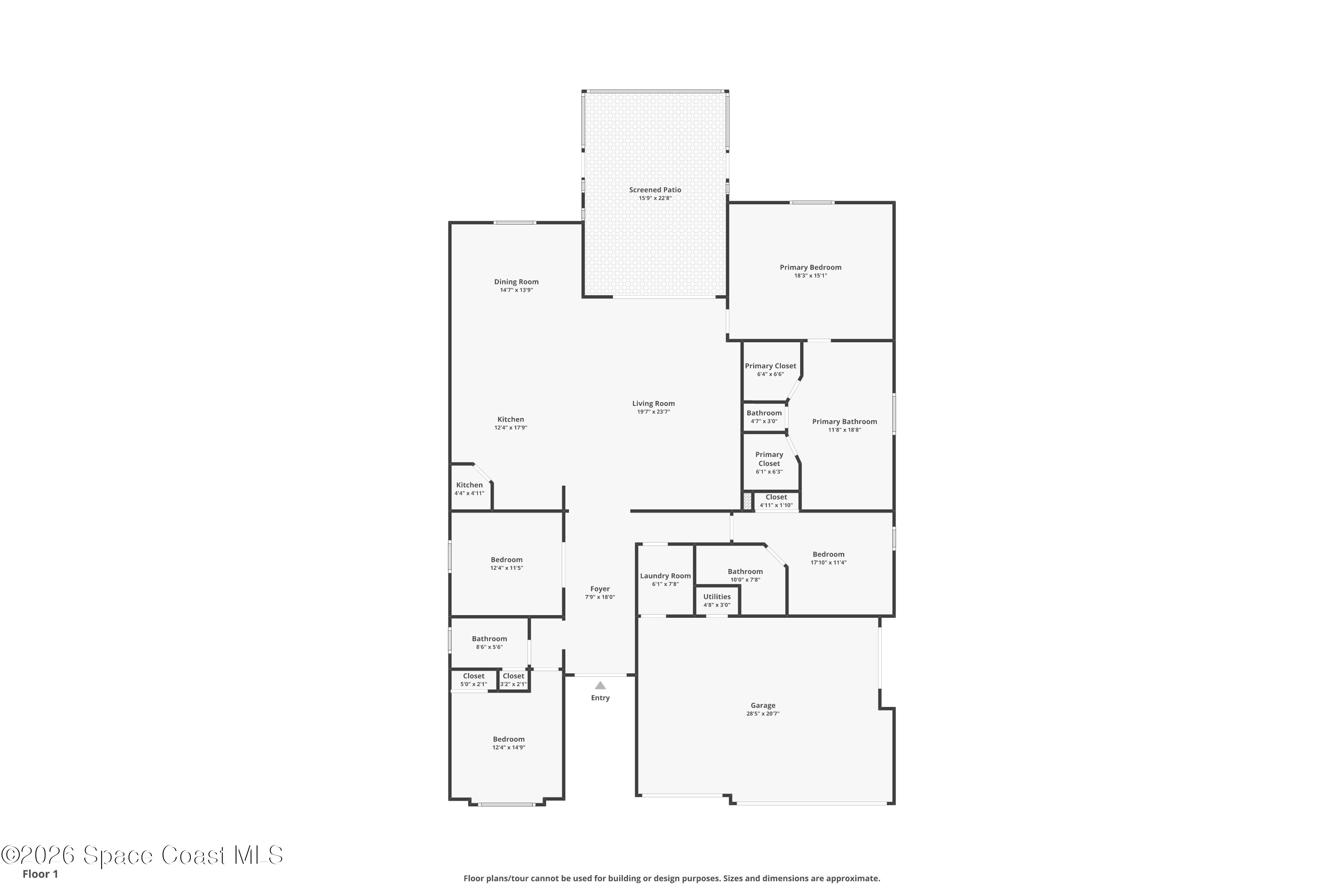 Floor plan showing four bedrooms, three bathrooms, living and dining areas, a screened patio, and garage.