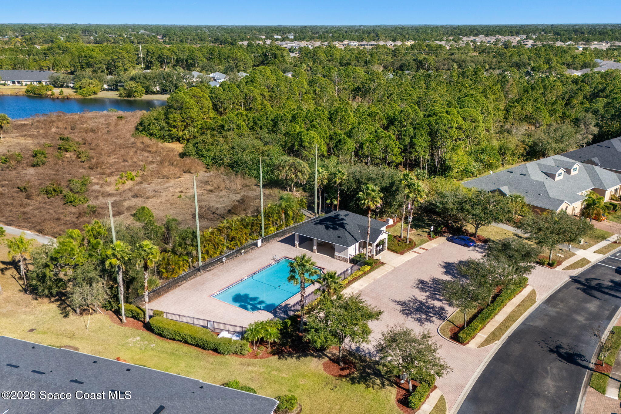 Aerial view of a community pool beside a wooded area and pond.