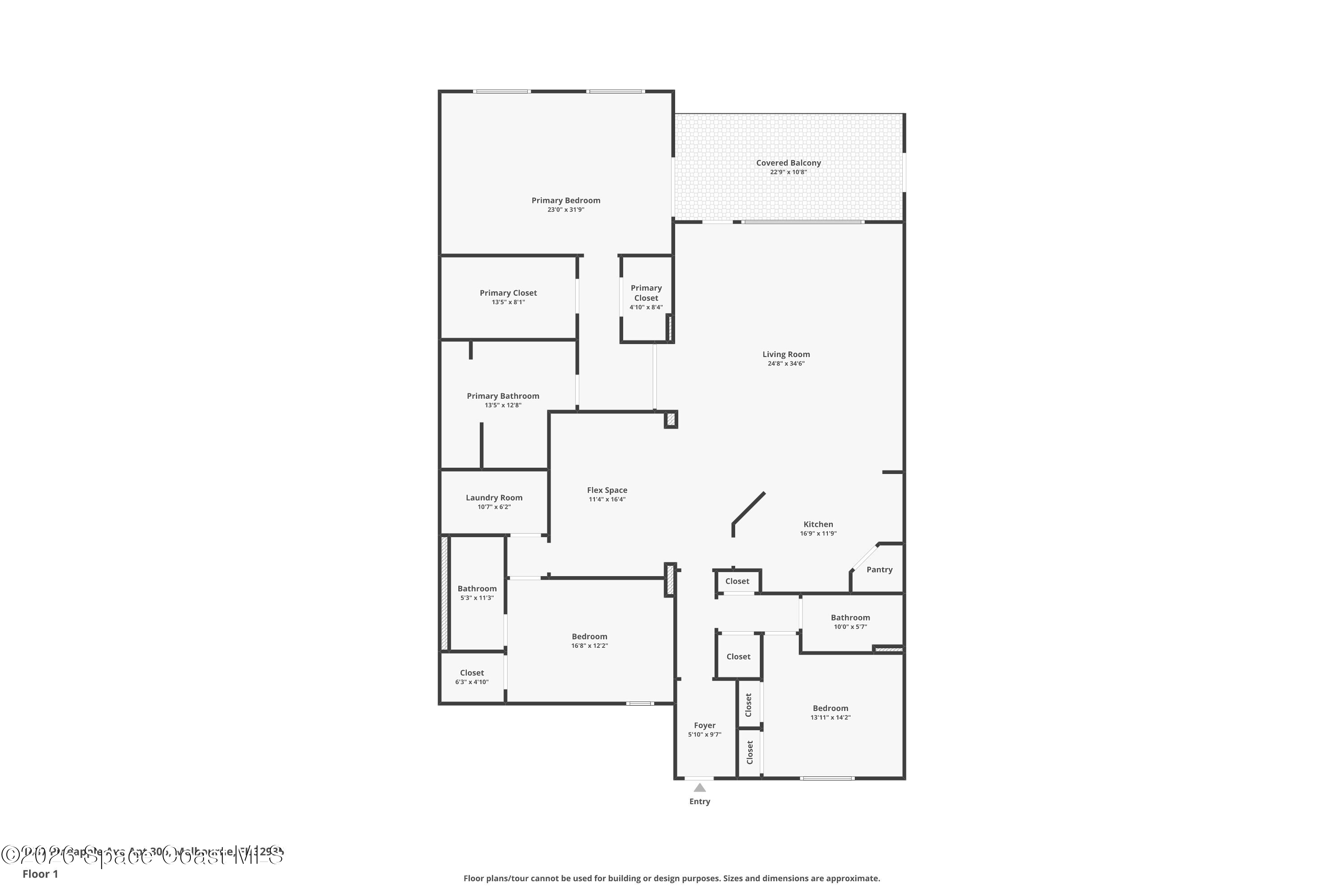 Floor plan showing a three-bedroom layout, covered balcony, large living room, kitchen, and flex space.