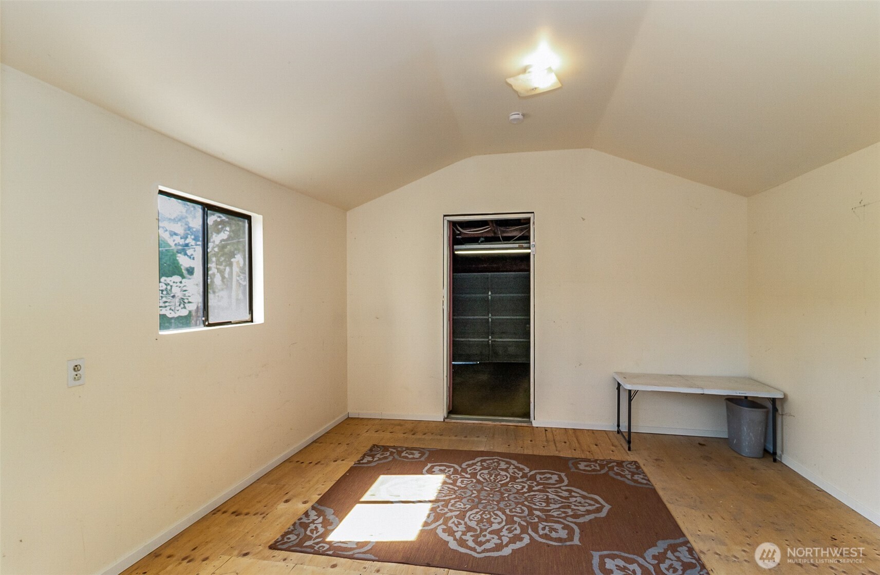 Bare room with wood-plank flooring, patterned rug, window, and doorway to a storage area.