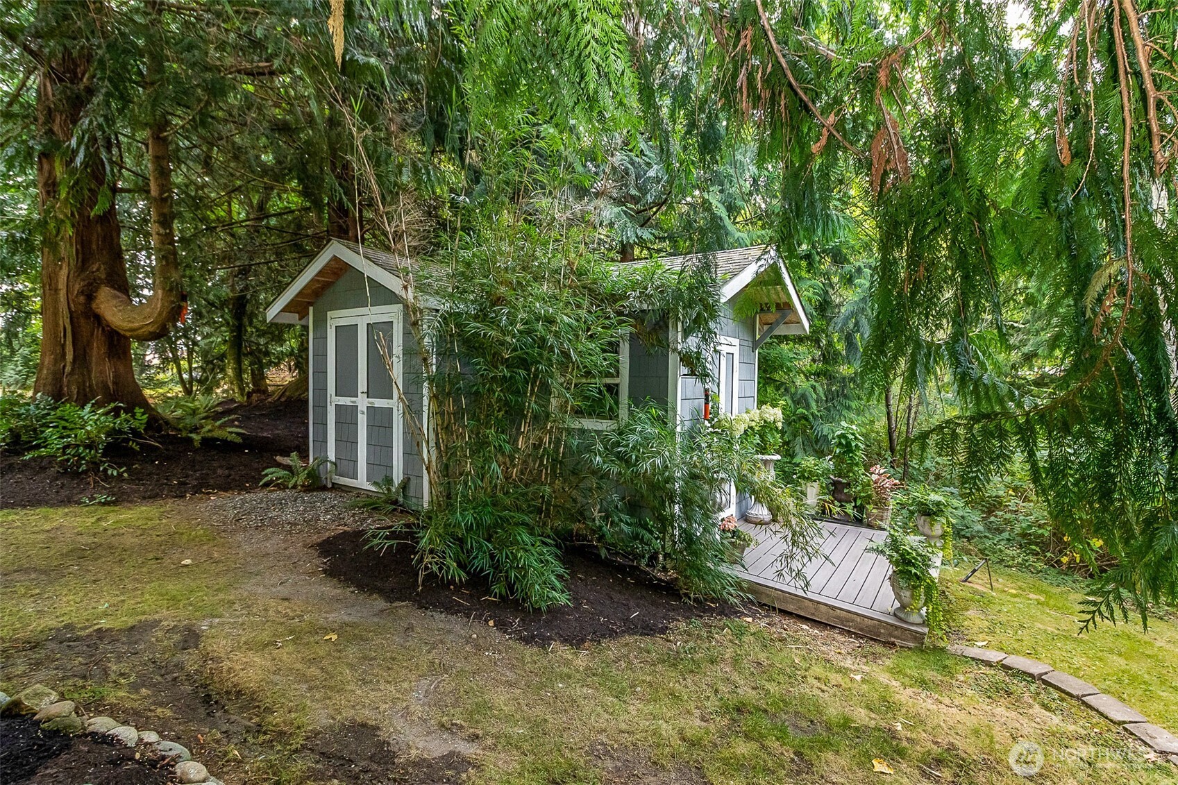 Gray outbuilding with a small deck nestled among bamboo and ferns in a wooded garden.