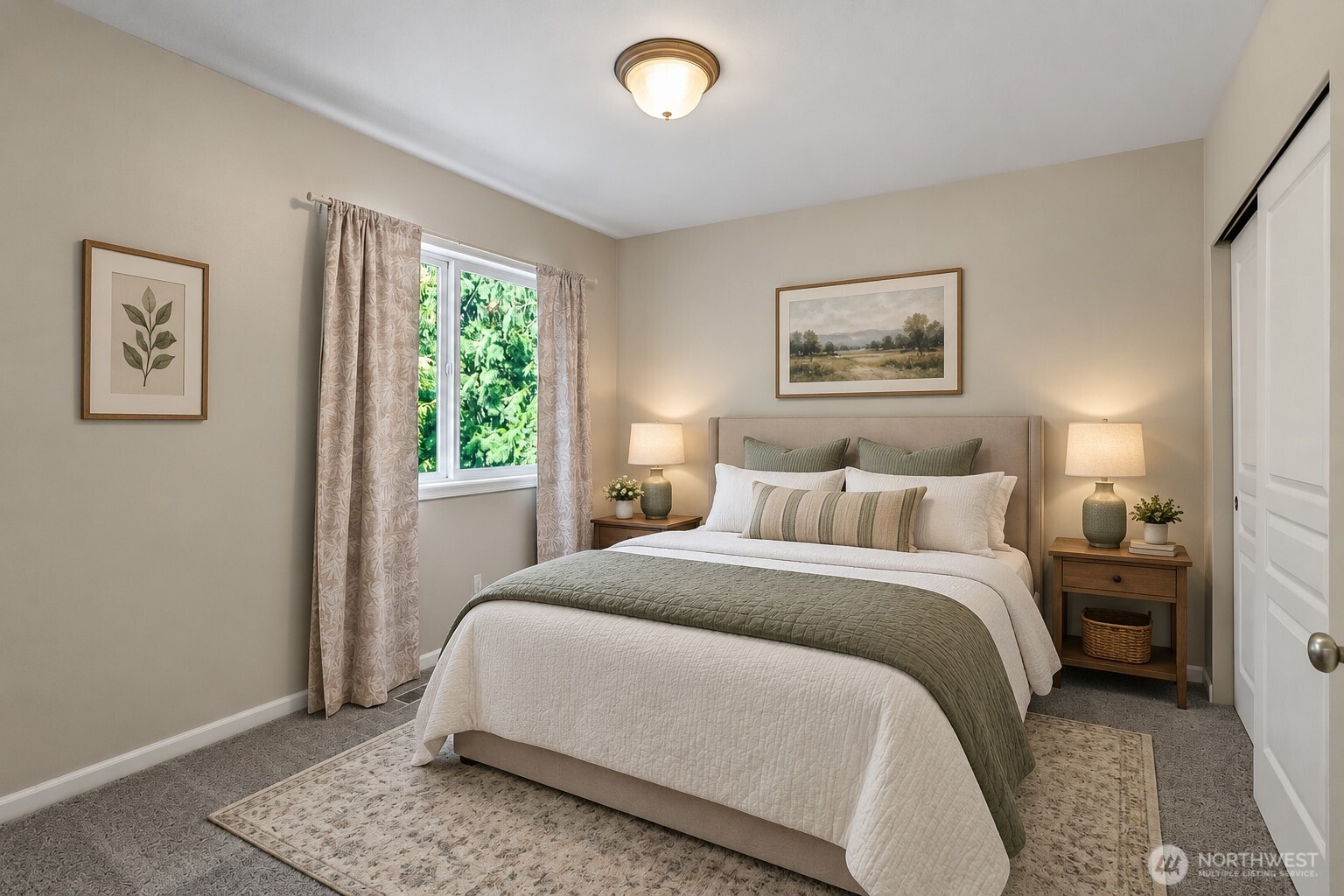 Bedroom with a large white bed, muted green throw, matching nightstands, and a window overlooking greenery.