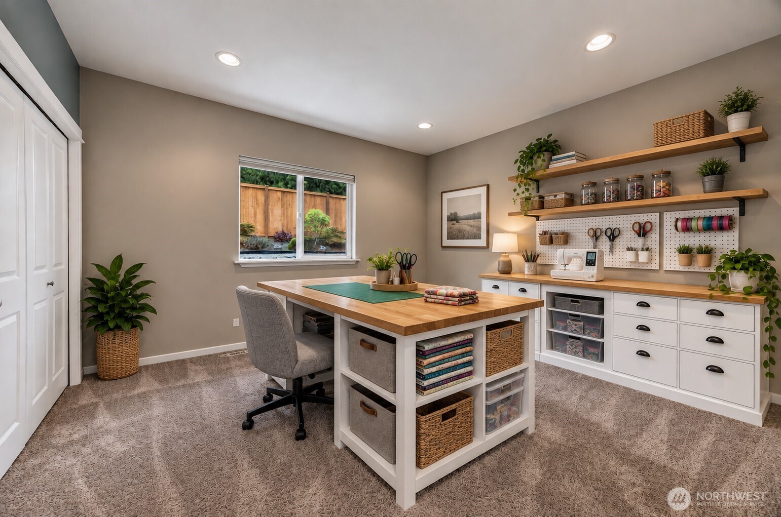 Craft room with a butcher-block worktable, sewing machine, and organized shelves and pegboards.