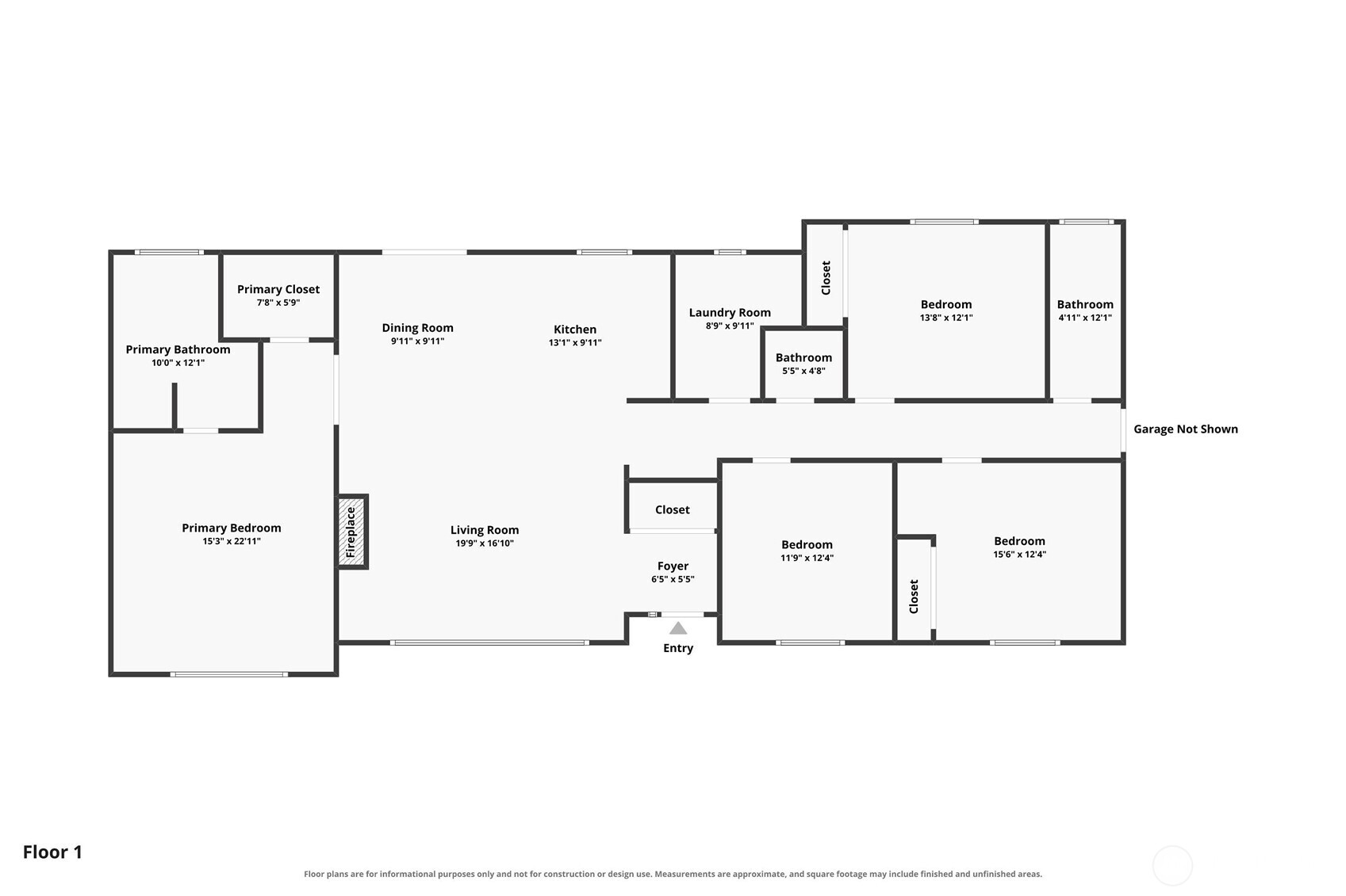 Single-level floor plan showing four bedrooms, living and dining rooms, kitchen, laundry room, and bathrooms.
