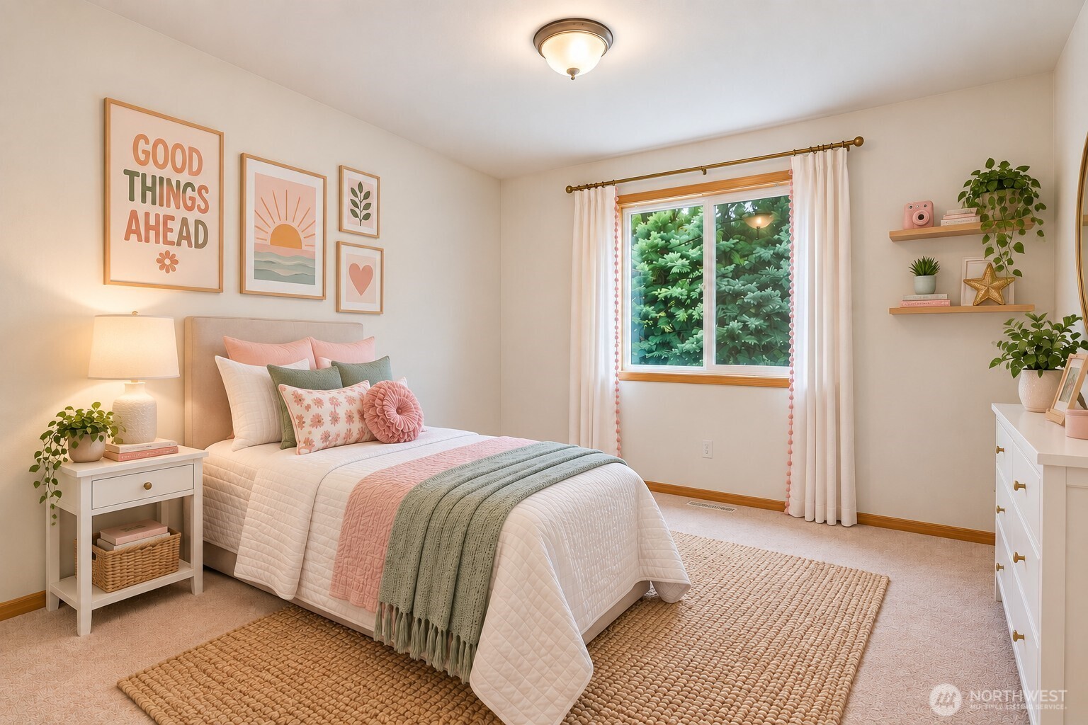 Bedroom with blush and sage bedding, framed art, and a window overlooking leafy greenery.