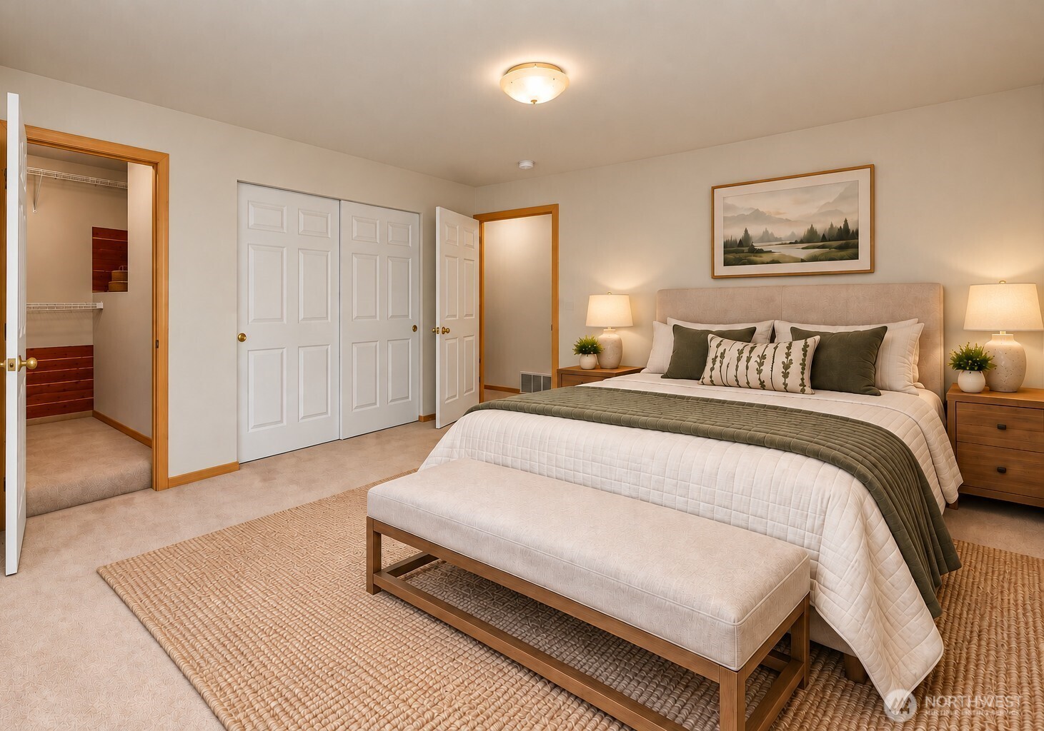Staged bedroom with a large bed and upholstered bench beside an open walk-in closet.