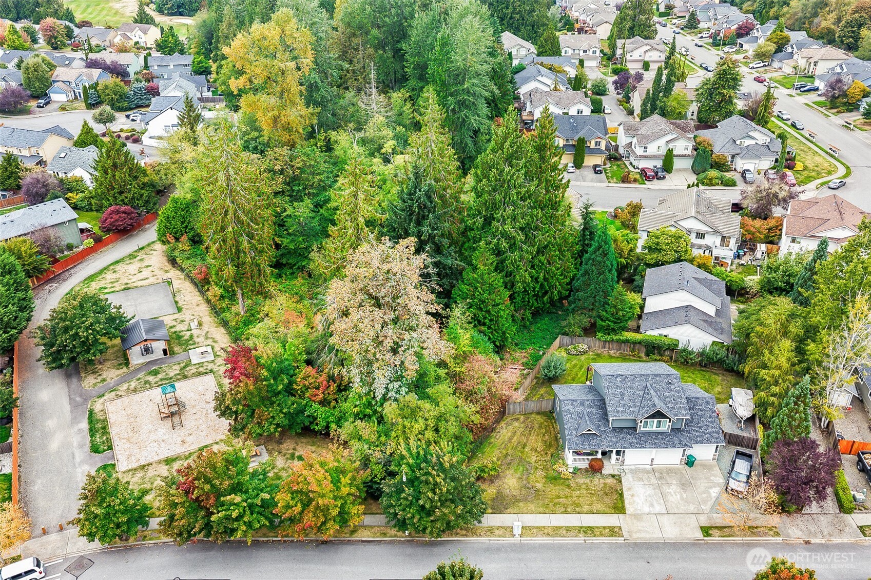 Aerial view of a house beside a wooded greenbelt, surrounded by mature trees and neighboring homes.