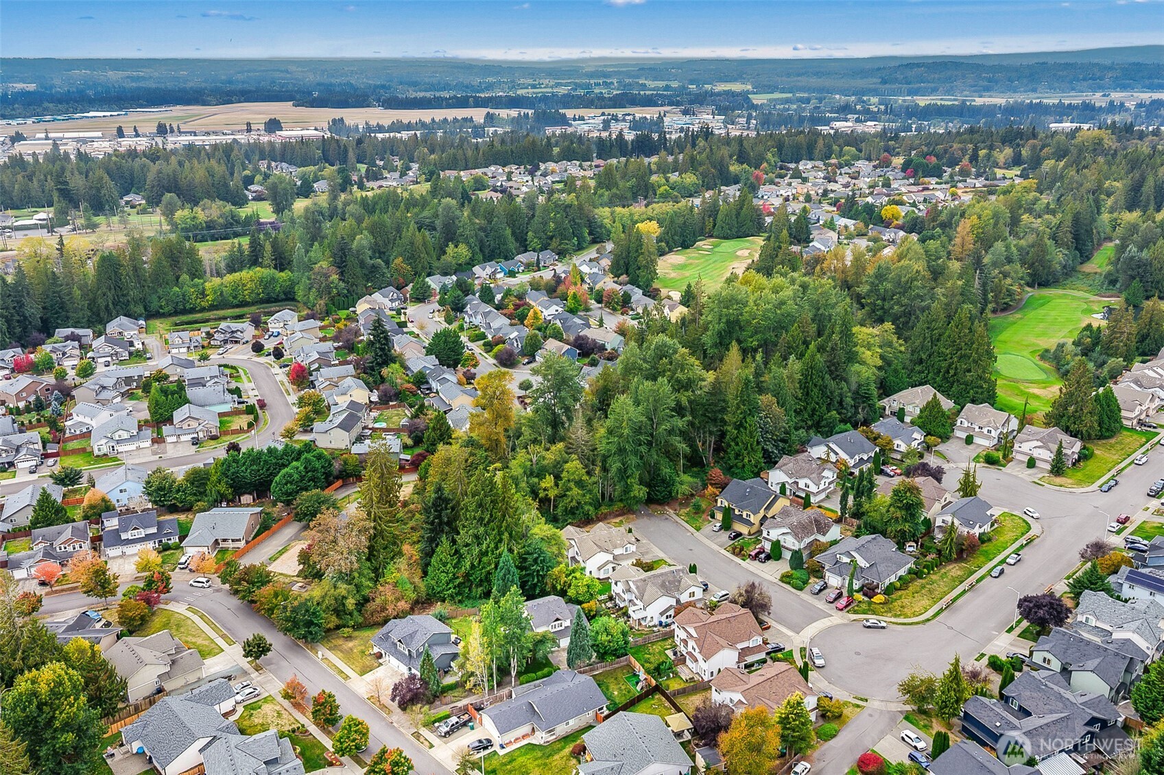 Aerial view of a wooded neighborhood with winding streets and a golf course.