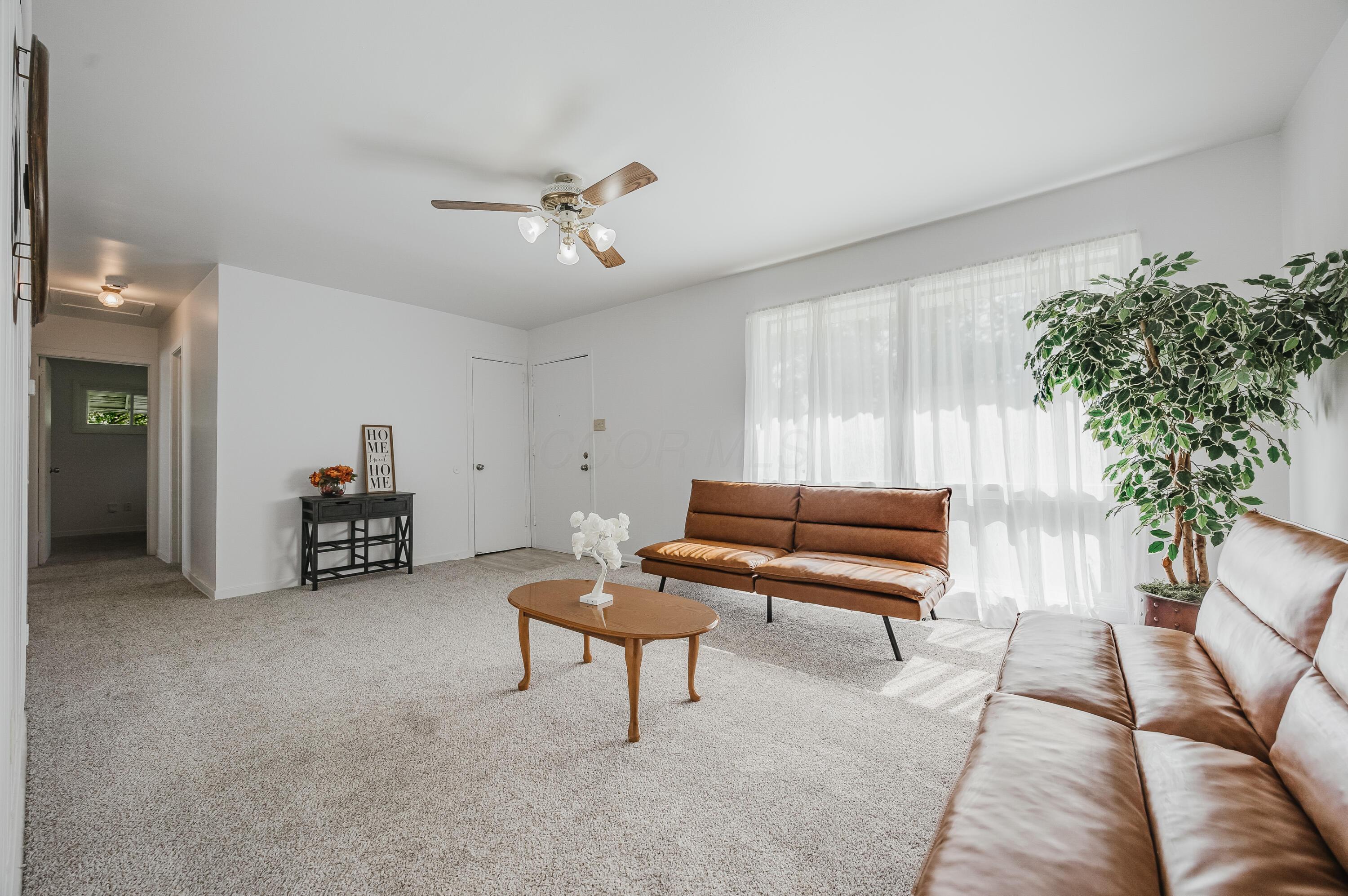 Furnished living room with brown leather sofas, a wooden coffee table, and a large potted tree.