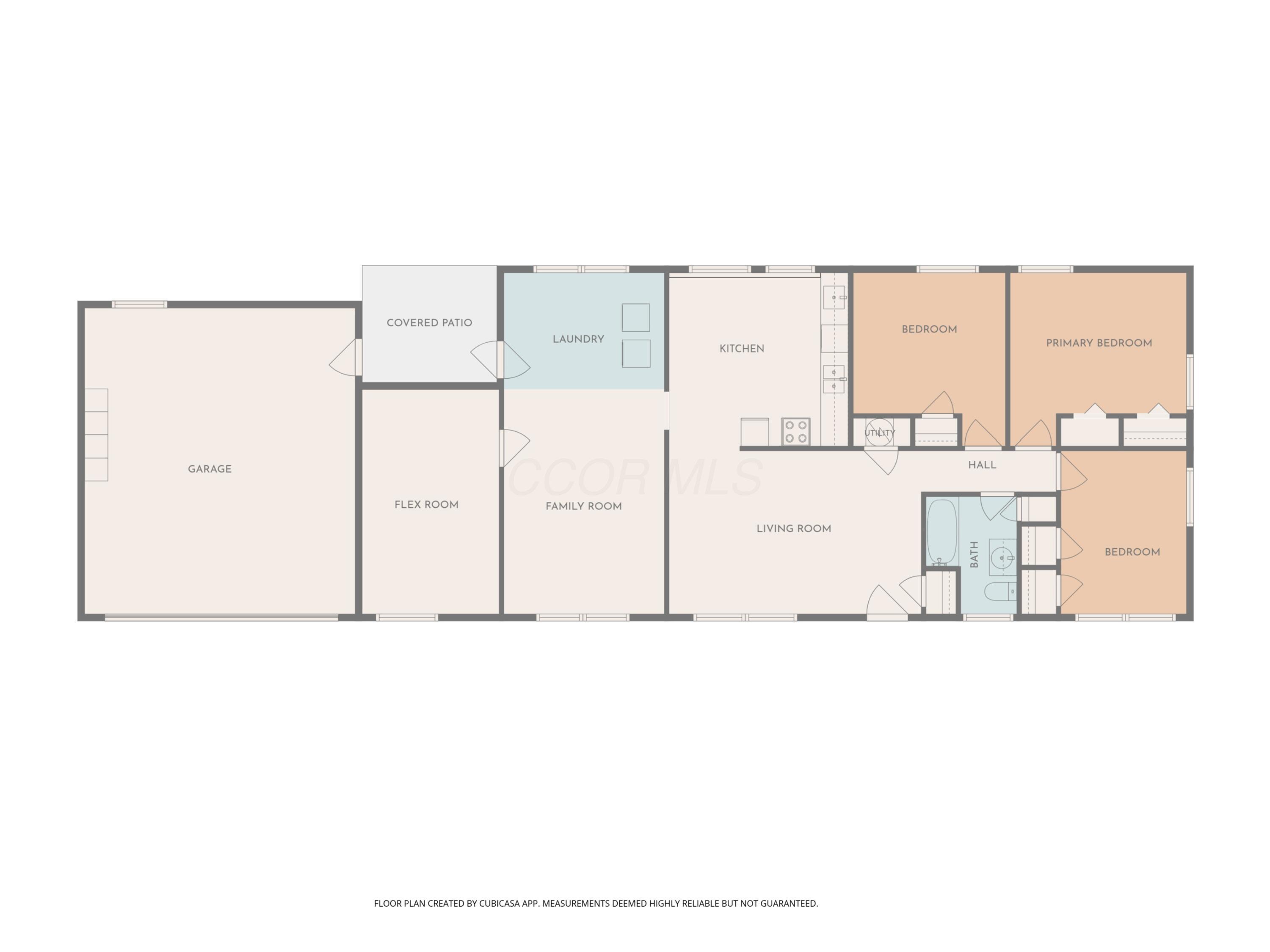 Floor plan showing three bedrooms, living and family rooms, kitchen, garage, and covered patio.