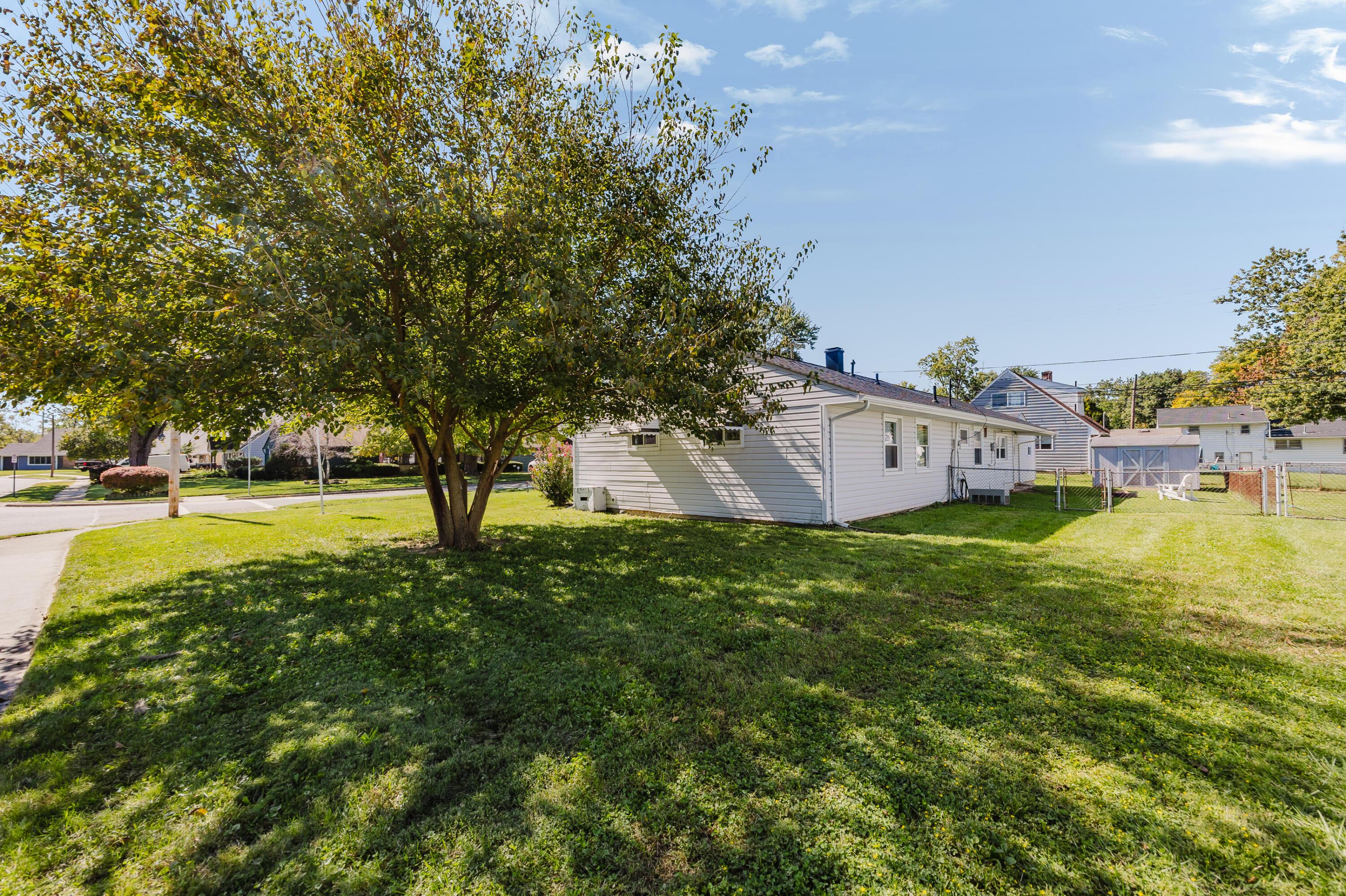 White single-story house behind a large leafy tree, with a fenced grassy yard.