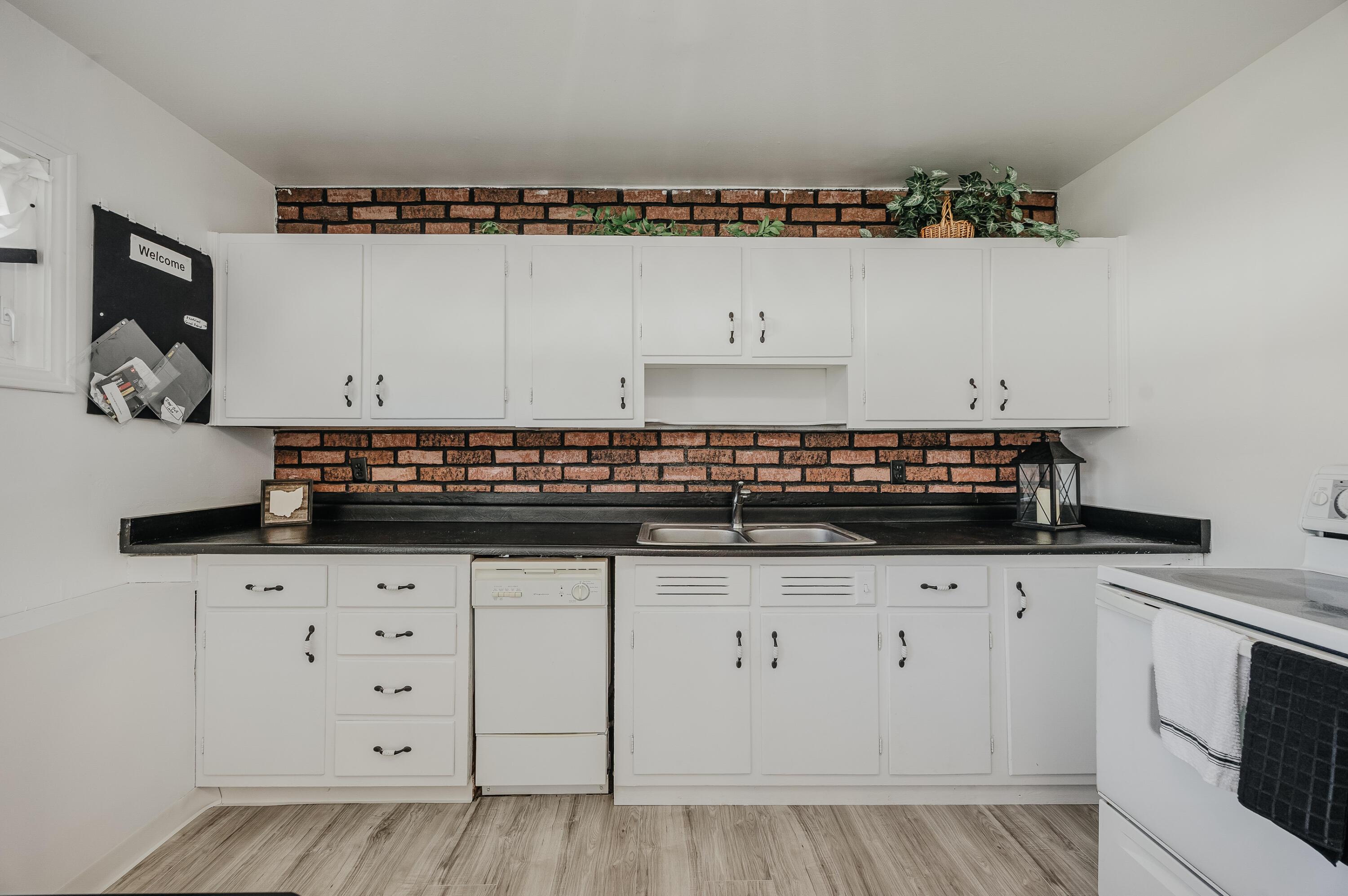 Kitchen with white cabinets, brick backsplash, black counters, double-basin sink, and built-in dishwasher.