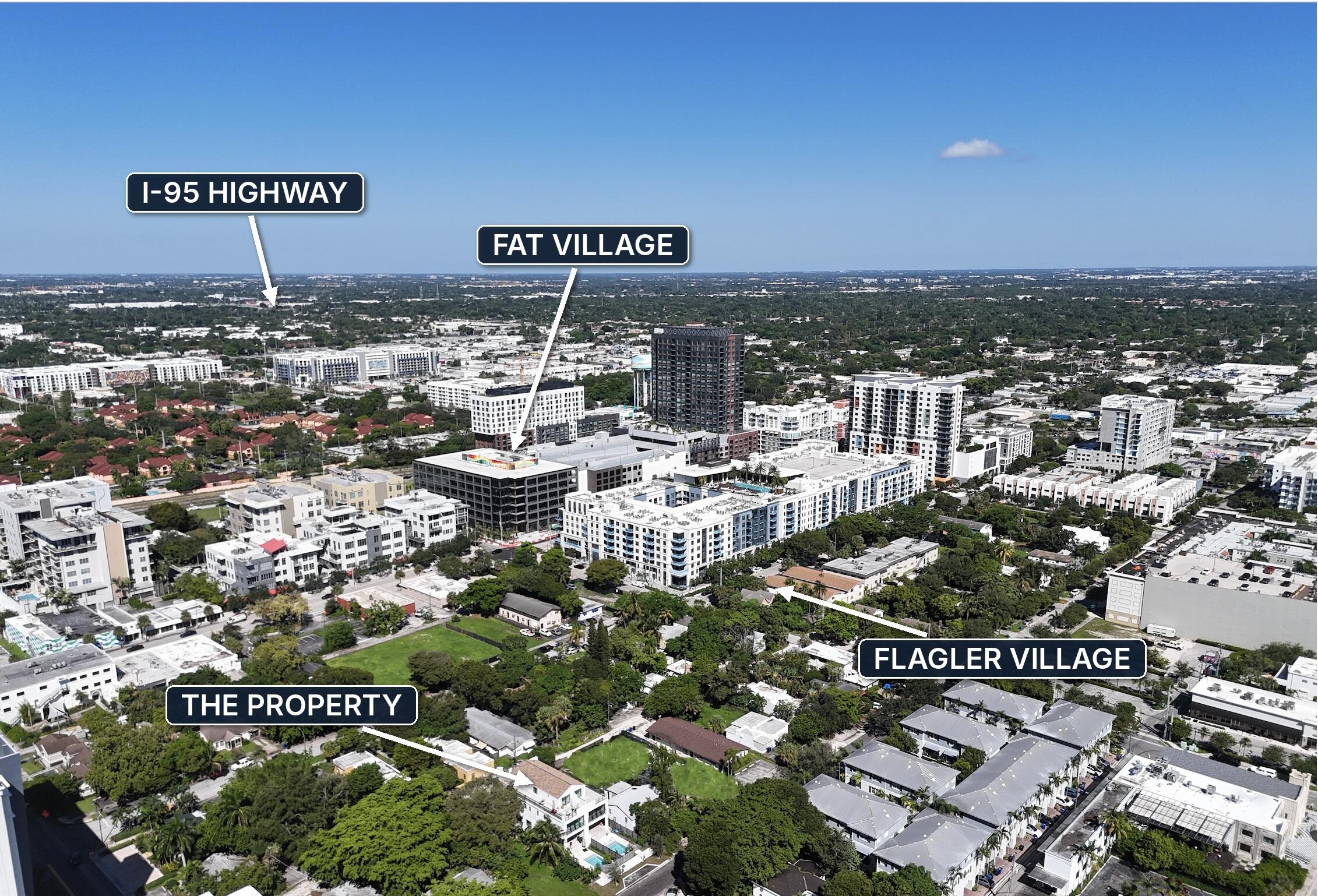 Aerial view of the property amid Fort Lauderdale buildings and tree-lined neighborhoods, with nearby districts and I-95 labeled.