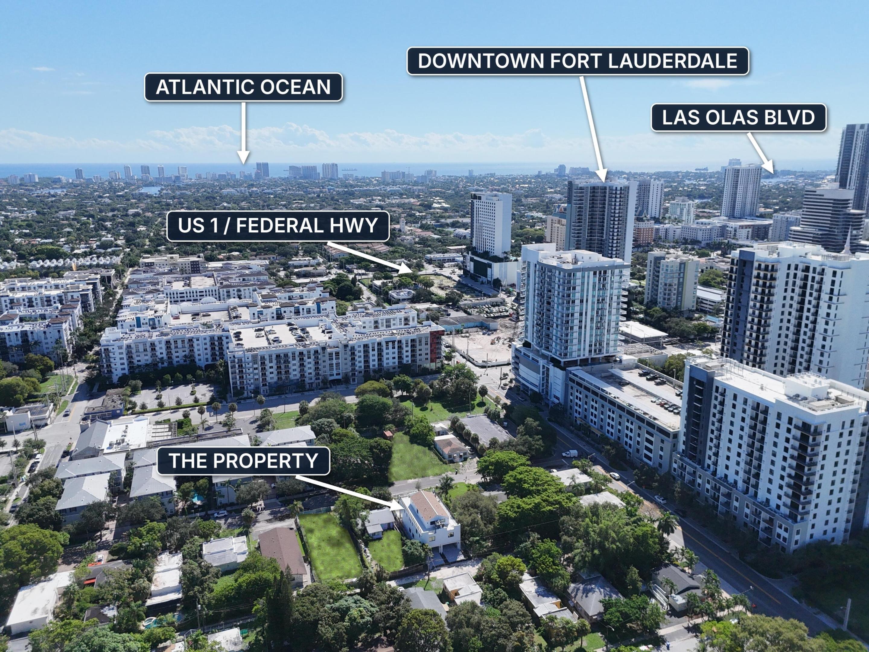 Aerial view of a Fort Lauderdale property, with downtown, US 1, and ocean labeled.