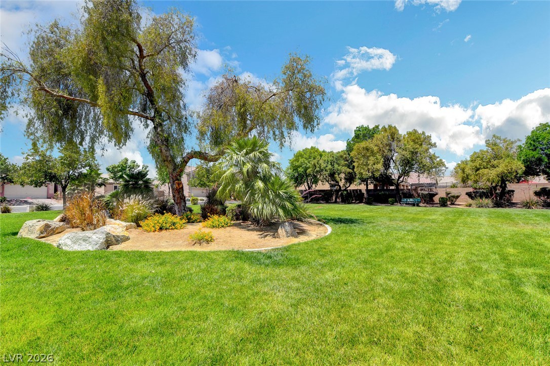 Landscaped lawn with mature trees and a central island of palms, rocks, and flowers.