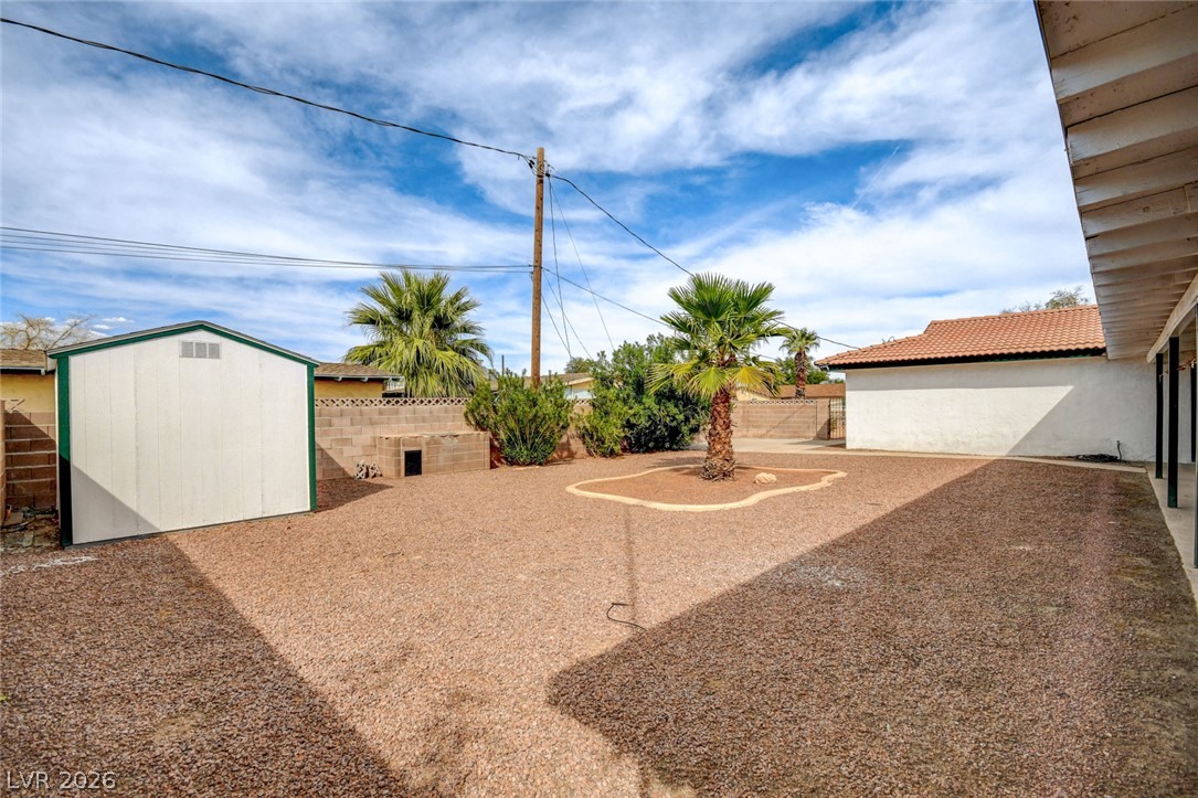 Gravel backyard with palm trees, a storage shed, and a covered patio.