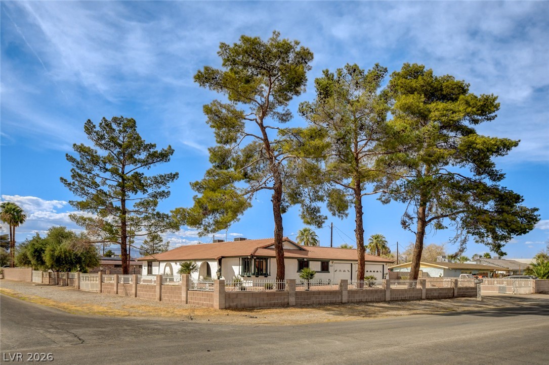 Single-story home behind a low fence, with tall pine trees across the front yard.