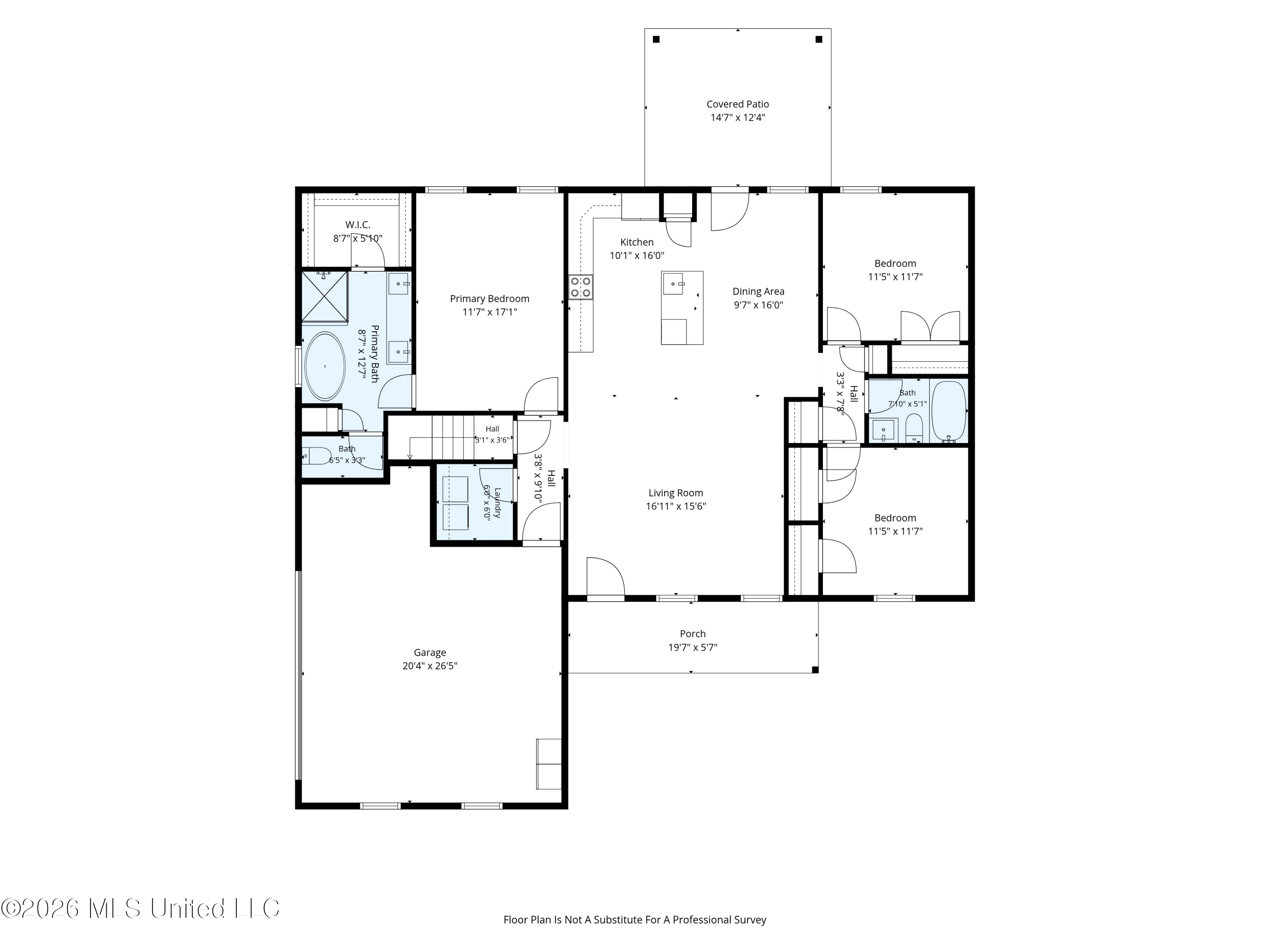Floor plan of 201 Cadet Drive with three bedrooms, open living and dining areas, garage, porch, and covered patio.
