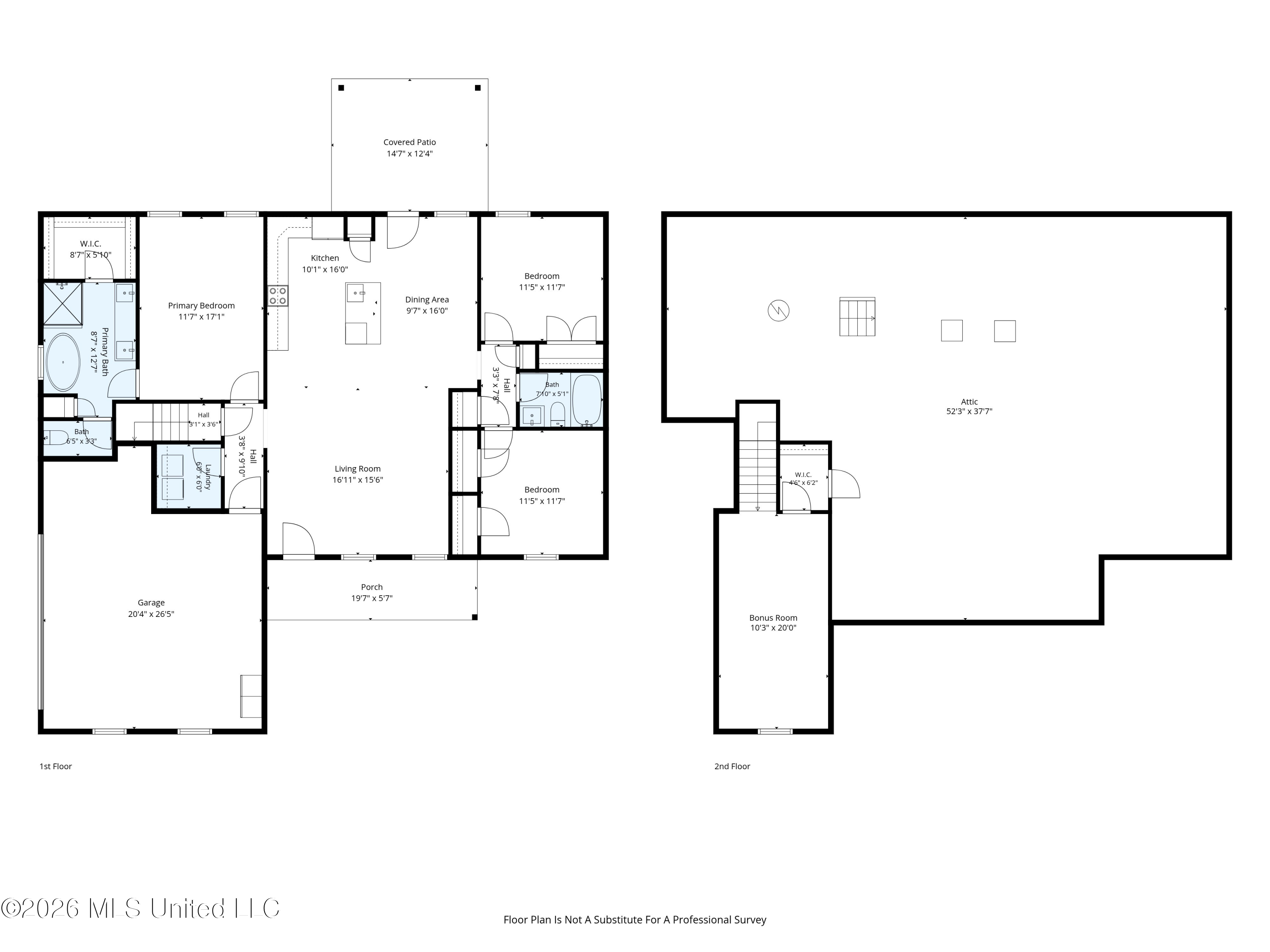 Two-level floor plan with three first-floor bedrooms, garage, covered patio, and second-floor bonus room and attic.