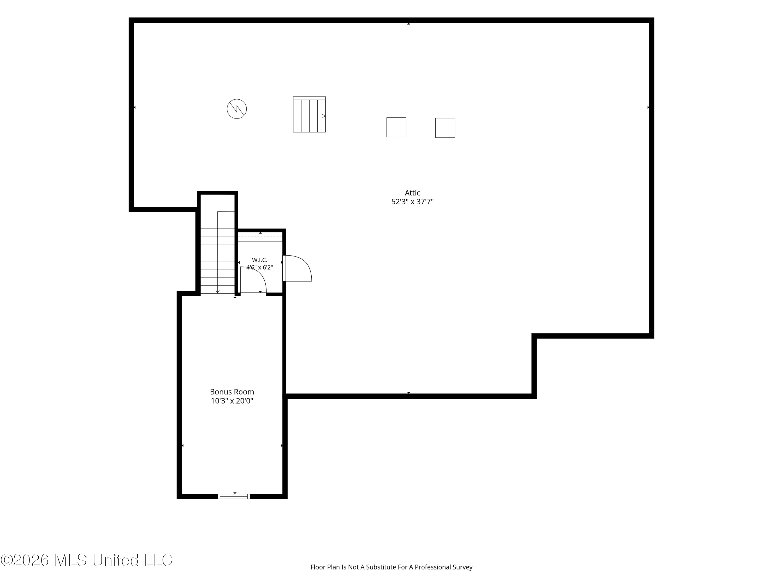 Floor plan of an attic with a walk-in closet and bonus room.