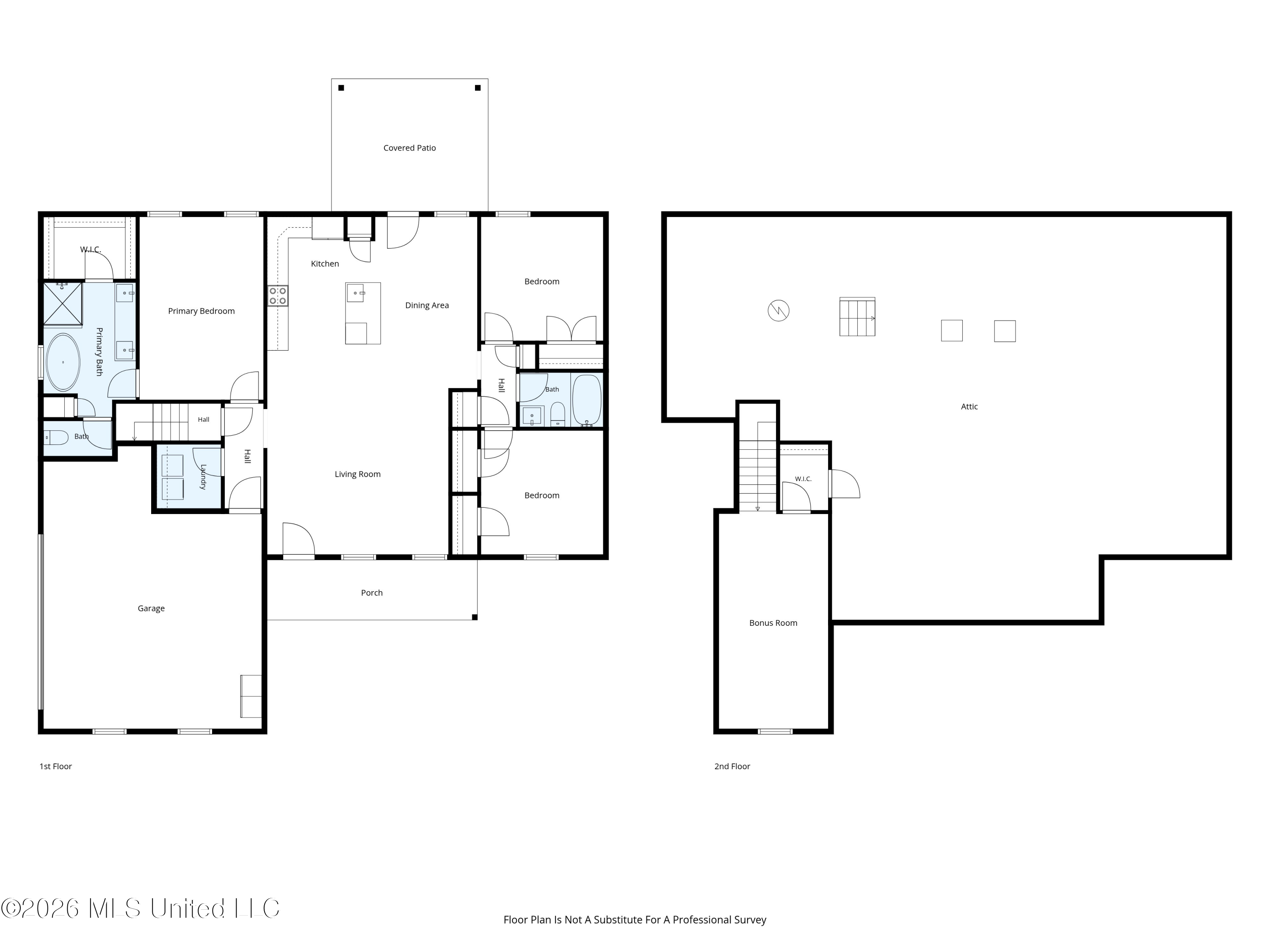 Two-level floor plan showing three bedrooms, living areas, garage, attic, and bonus room.