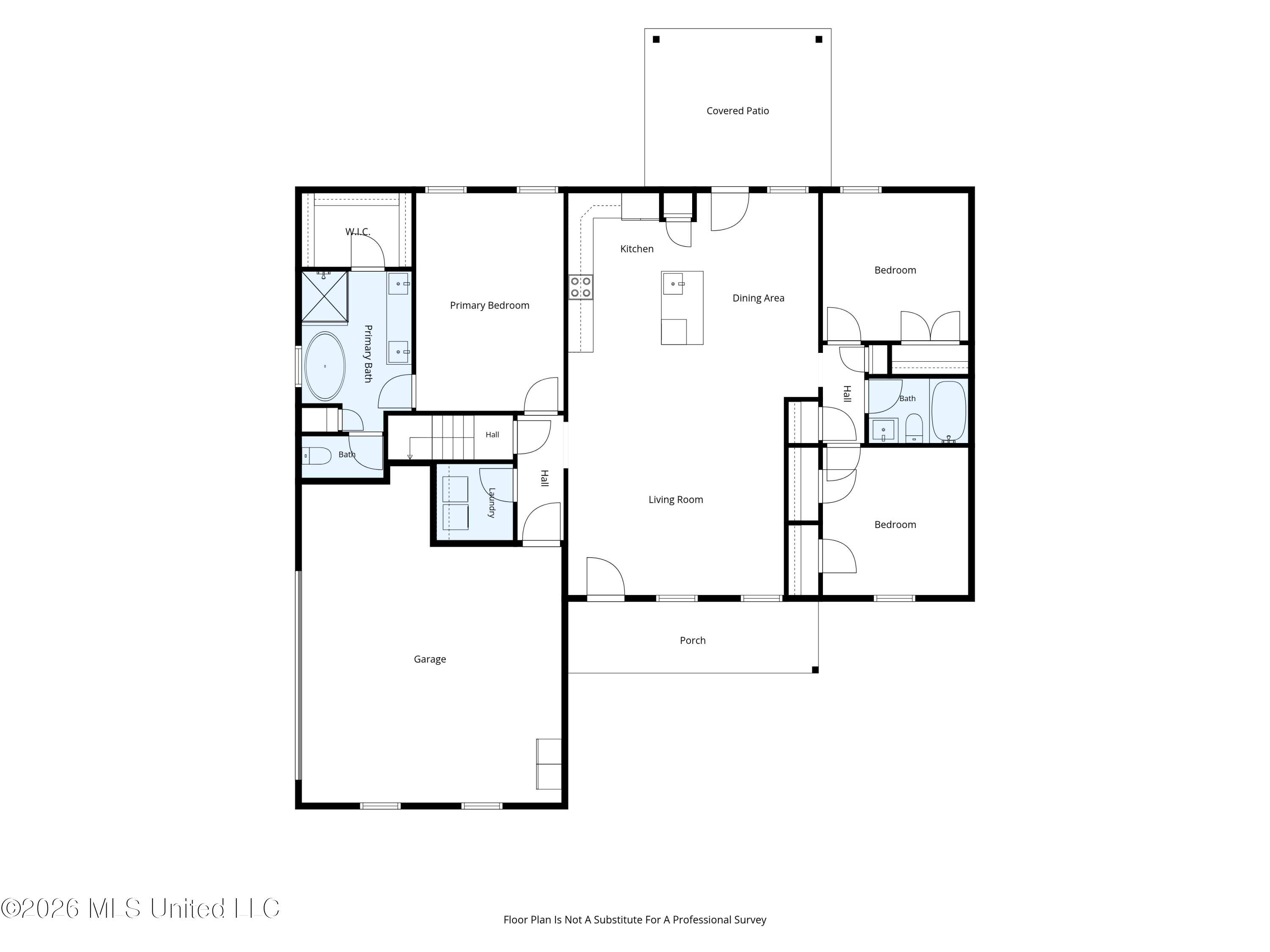 Floor plan showing three bedrooms, two baths, living and dining areas, kitchen, garage, porch, and covered patio.