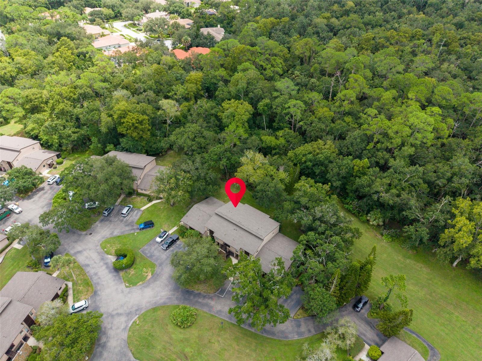 Aerial view of a condominium building marked among trees and neighboring homes.