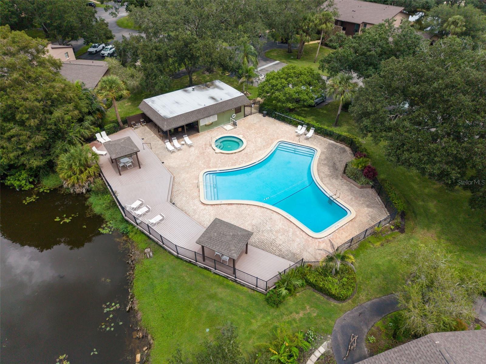 Aerial view of a community pool and spa beside a pond, surrounded by trees and a paved deck.
