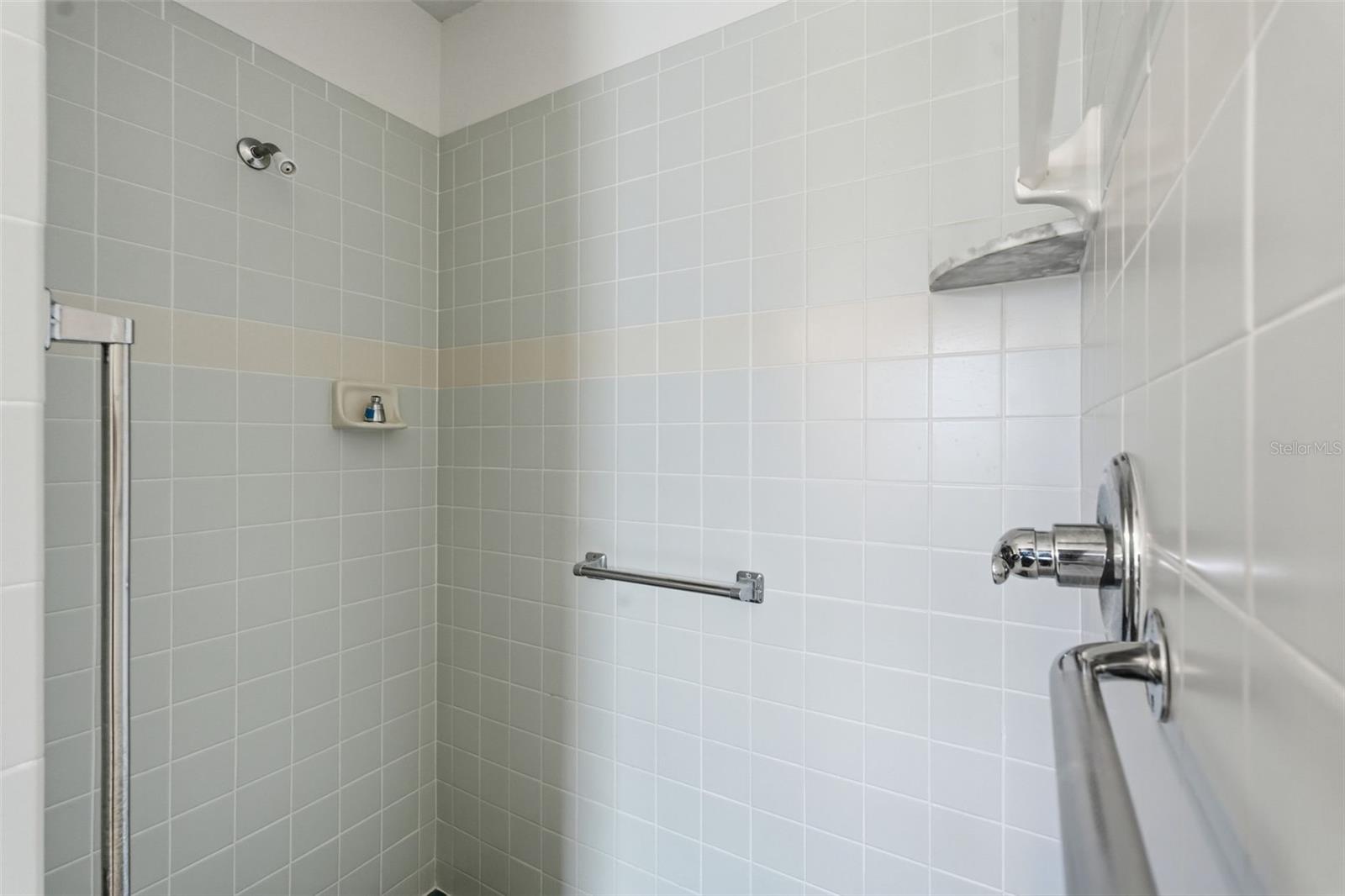 Tiled shower with chrome fixtures, grab bars and a built-in corner shelf.