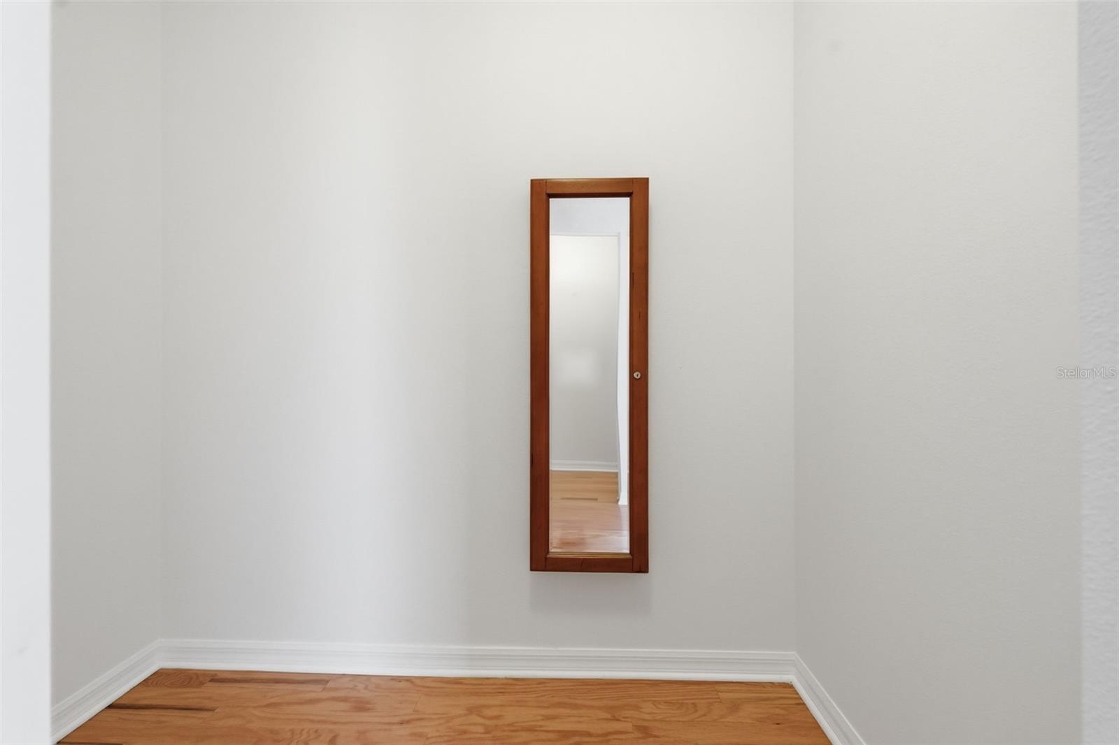 Empty room with warm wood flooring and a narrow wood-framed mirror.